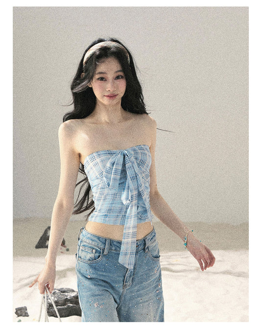 ShaoYeYan Aomalm Blue Danube Bow Plaid Bustier Top