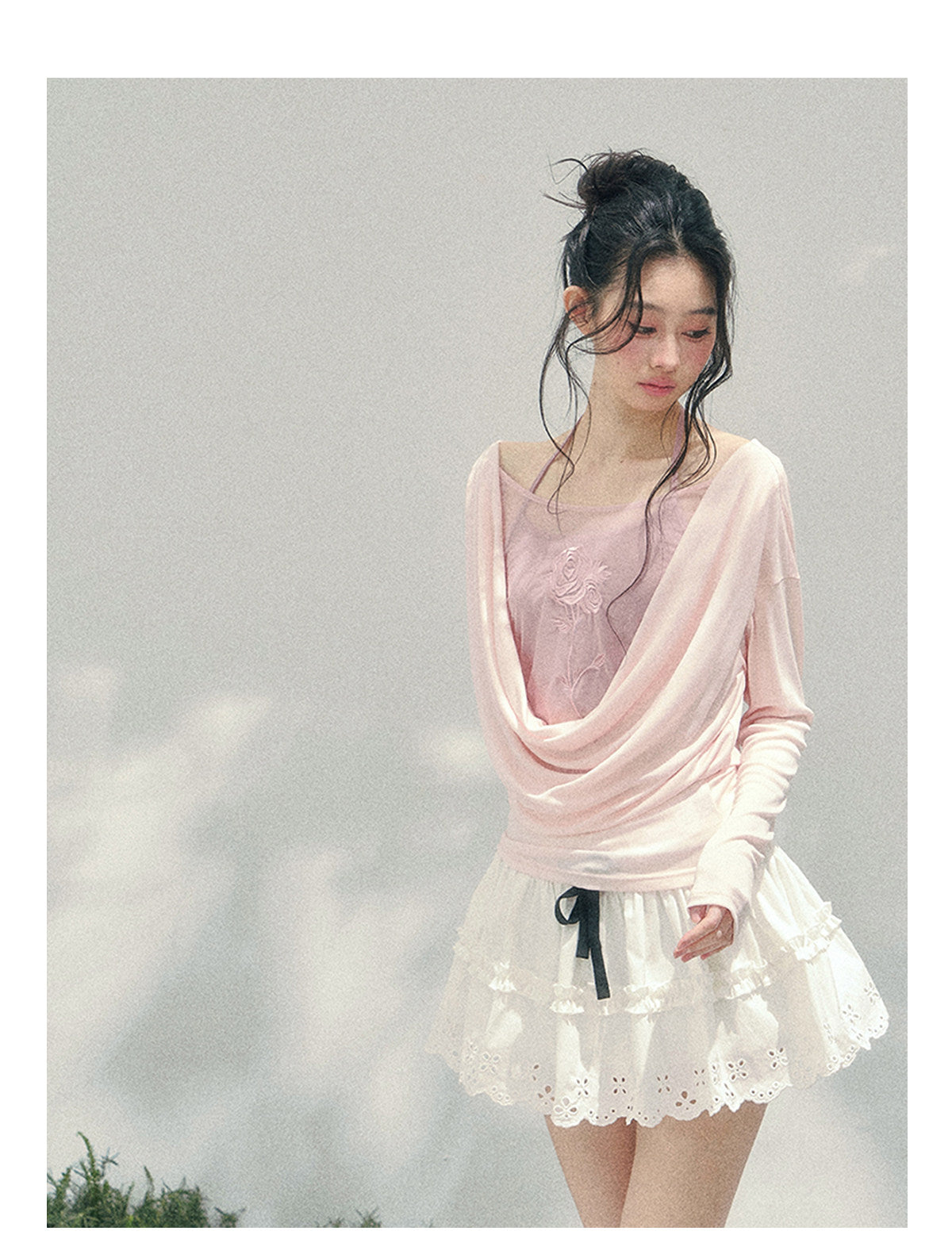 ShaoYeYan Aomalm Summer Inflorescence Fake Two-Layer Rose Embroidered Blouse