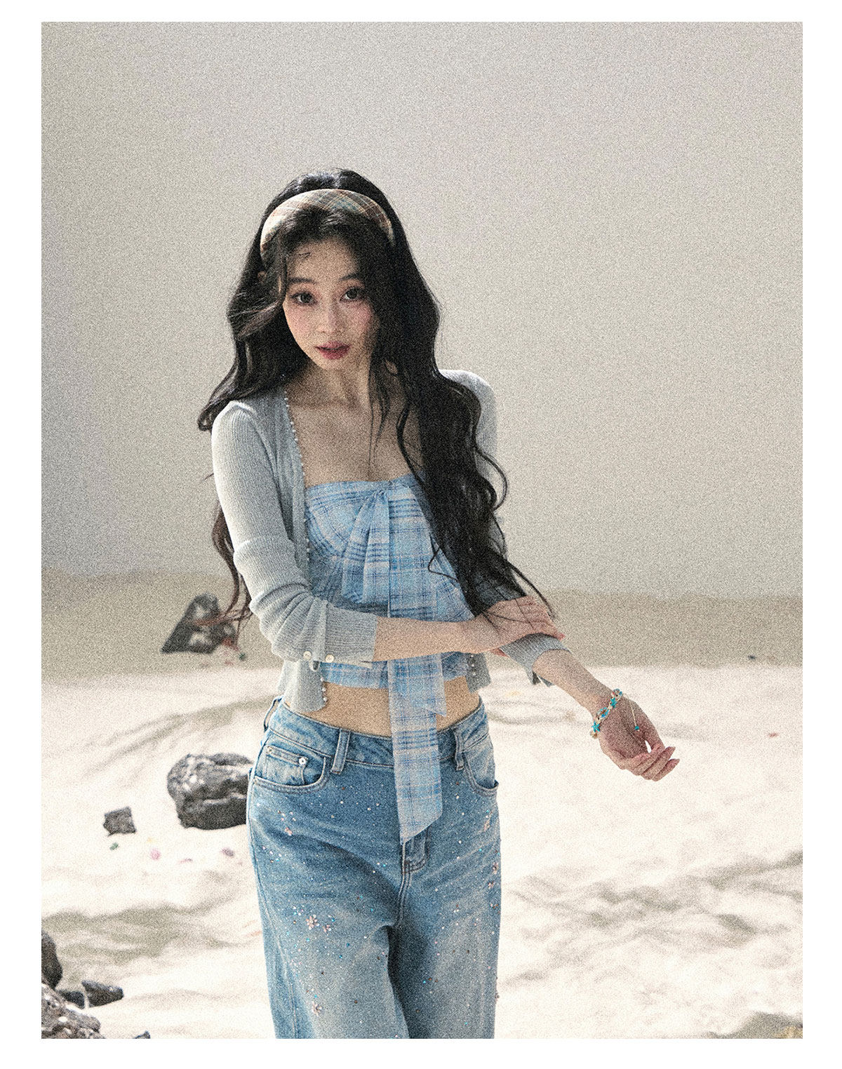 ShaoYeYan Aomalm Blue Danube Bow Plaid Bustier Top