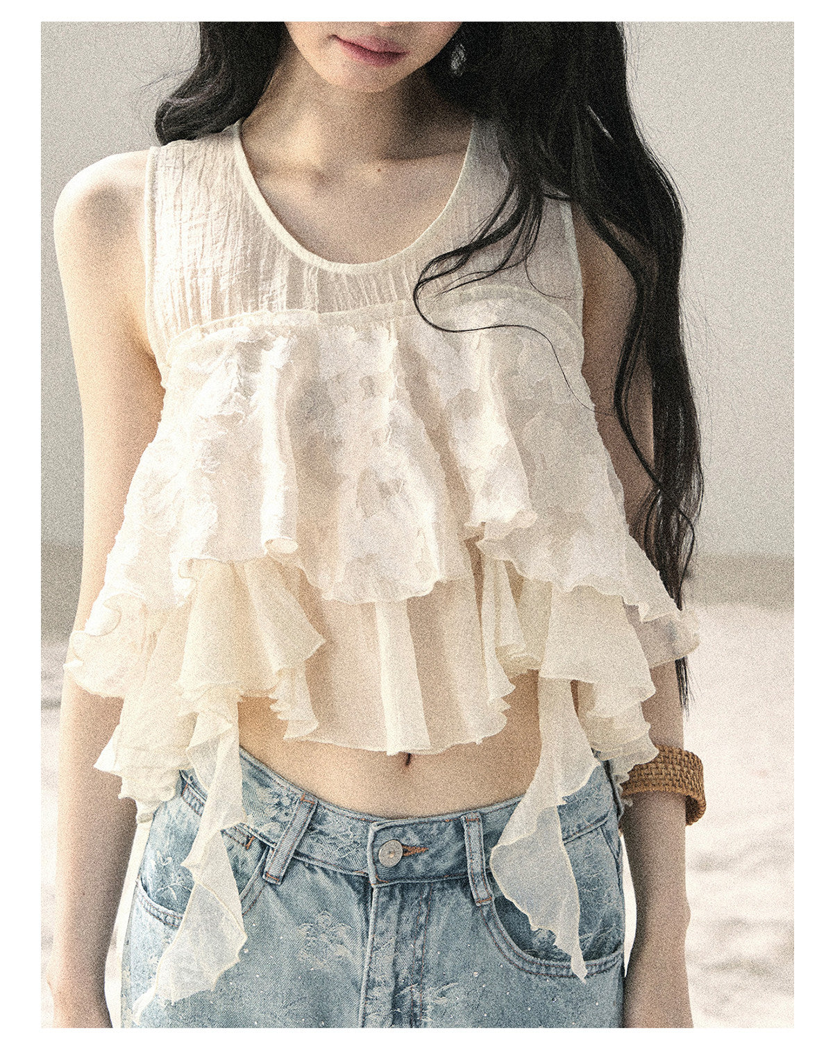 ShaoYeYan Aomalm Moonlight Flows Across the Lake French Chiffon Mesh Top