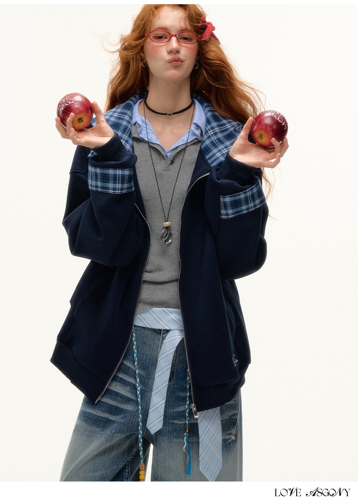 AsGony Plaid Panel Oversized Hooded Zip-Up
