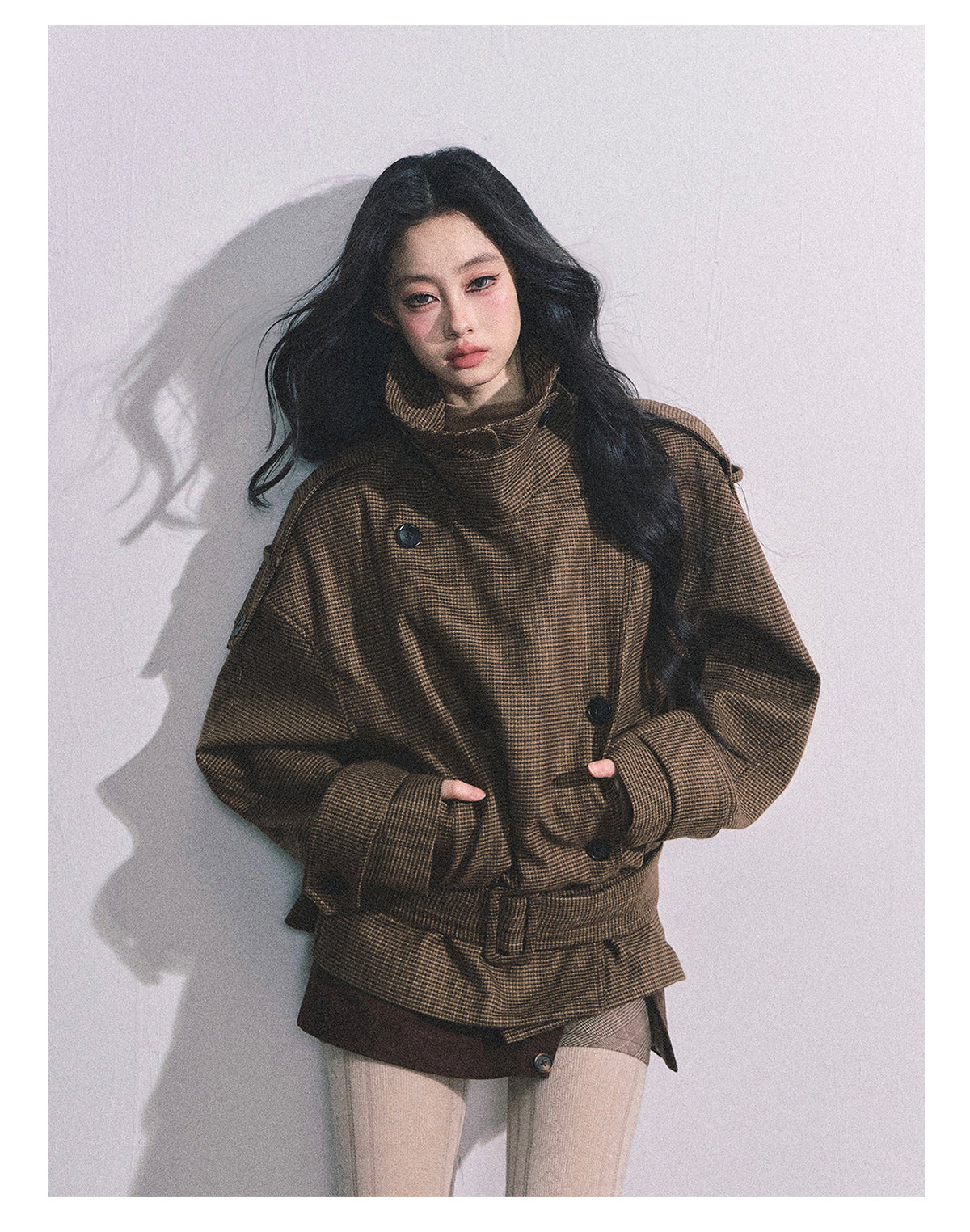 ShaoYeYan Sunset Harbor French British Style Plaid Trench Coat