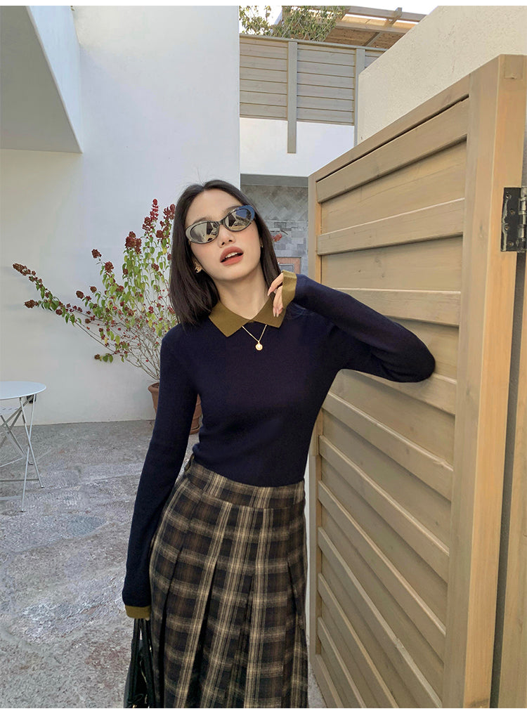 Pusumede Plaid Pleated Midi Skirt