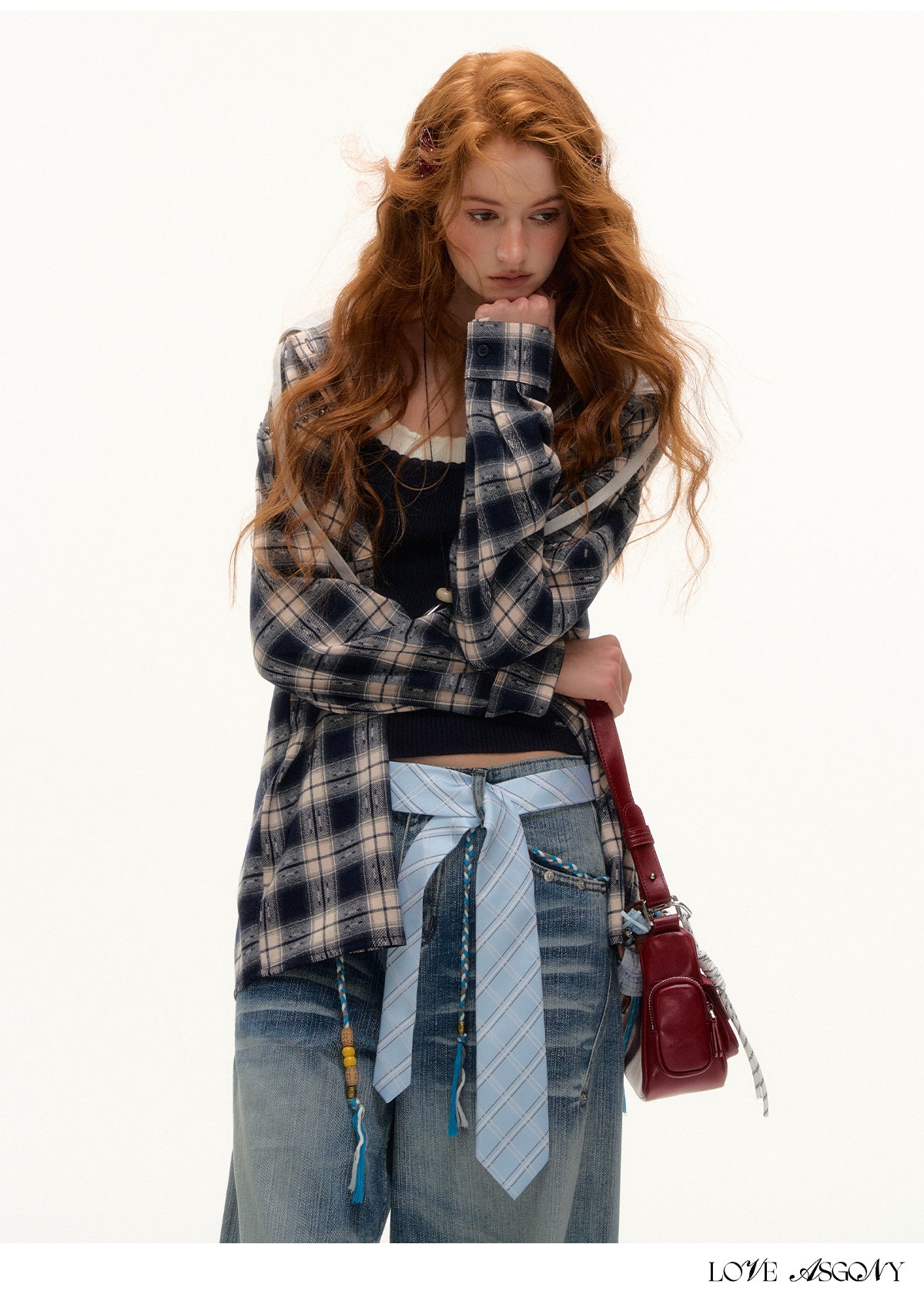 AsGony Retro Plaid Colorblock Hooded Shirt