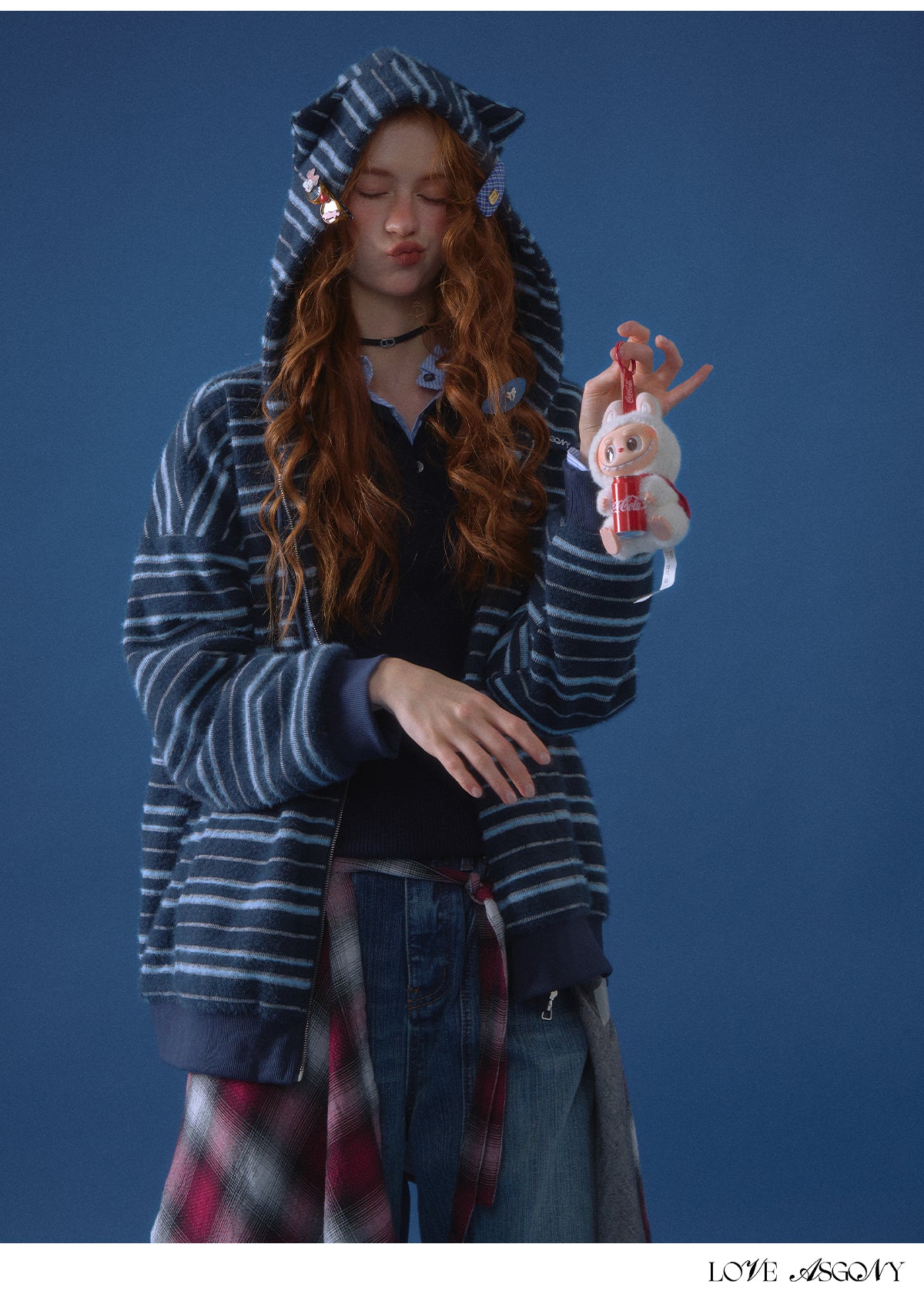 AsGony Plush Striped Colorblock Cat-Ear Hoodie