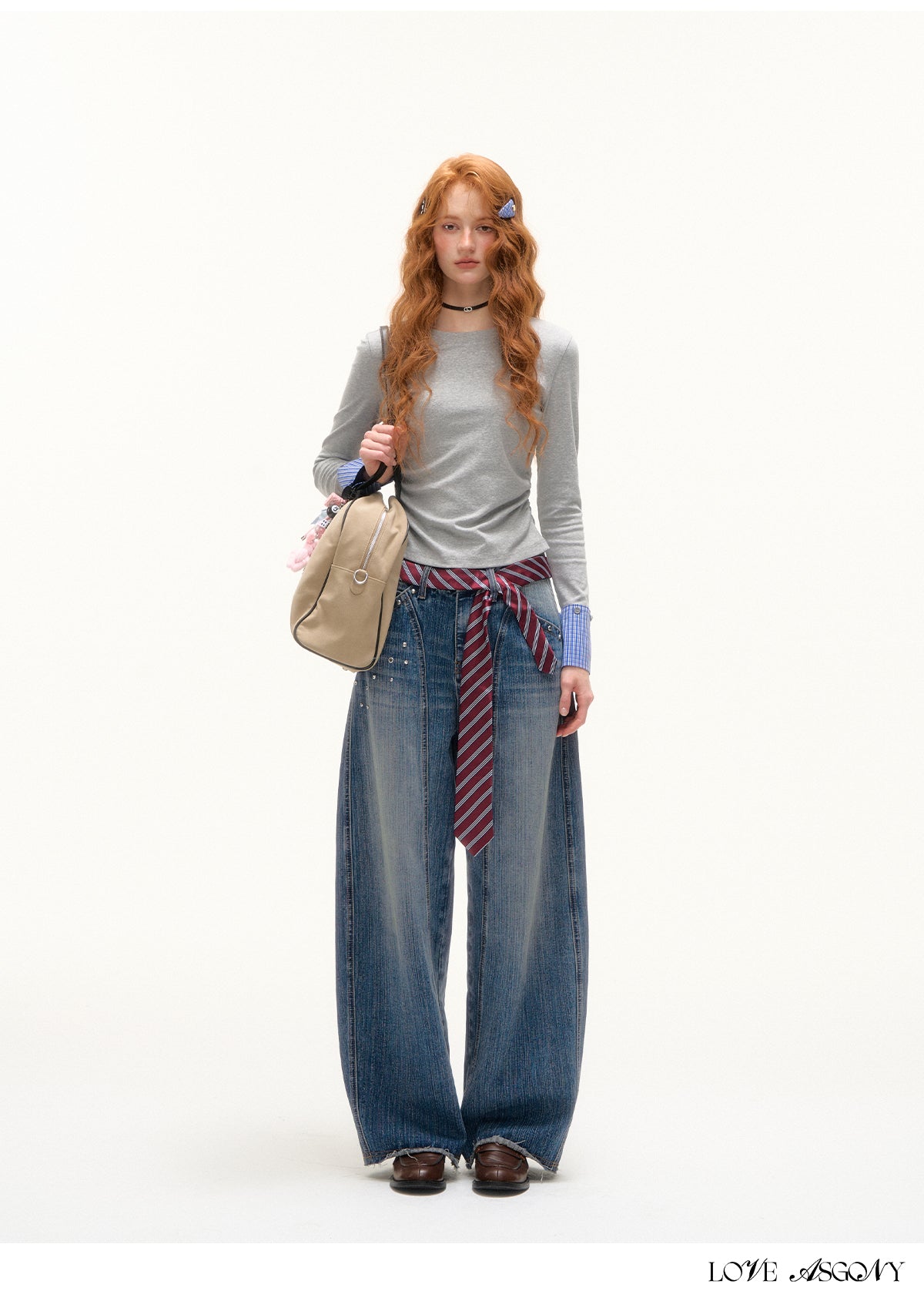 AsGony American Retro Rivet Washed Flared Jeans