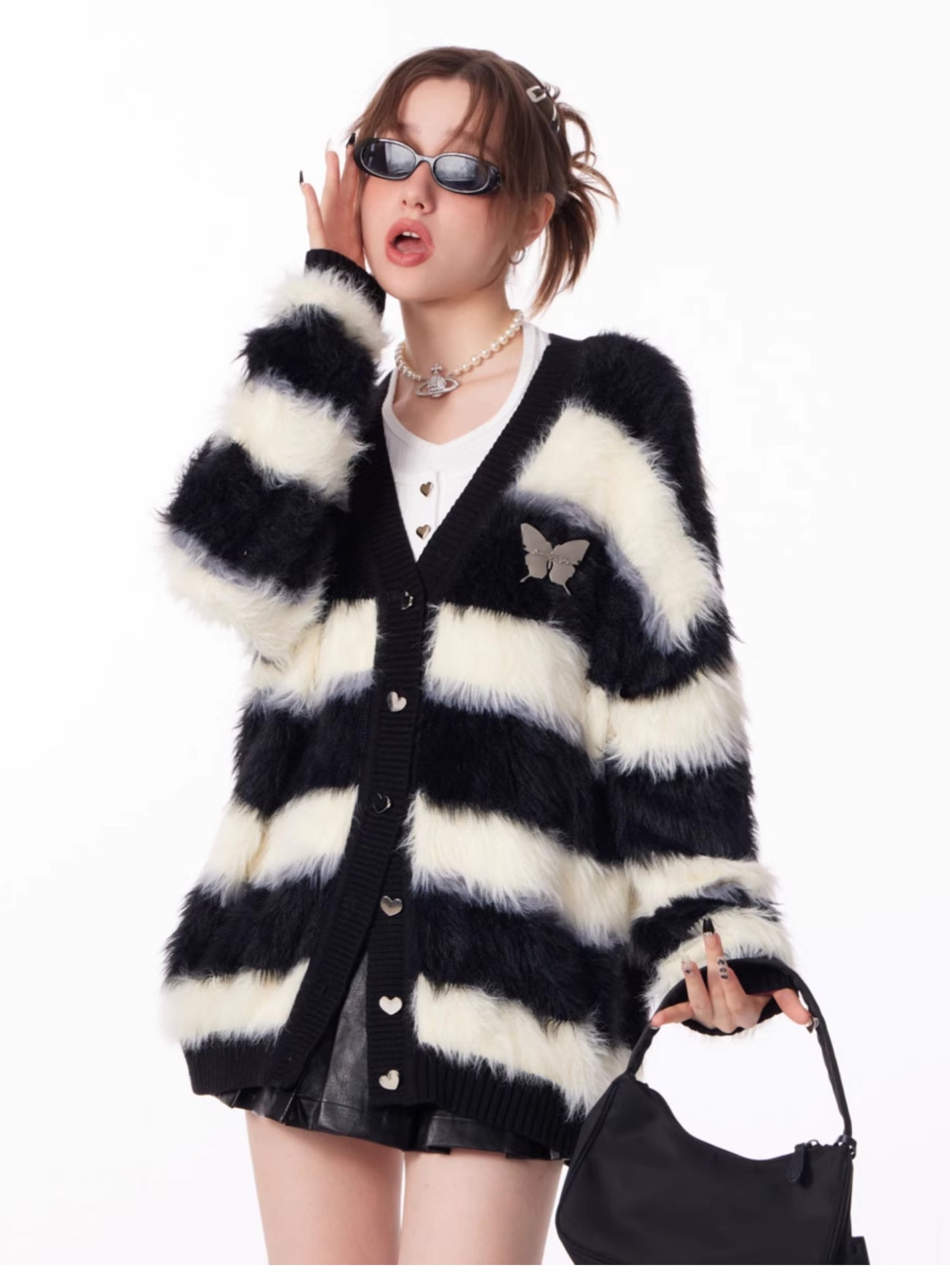 ziziFei Retro Punk Striped Faux Fur Cardigan