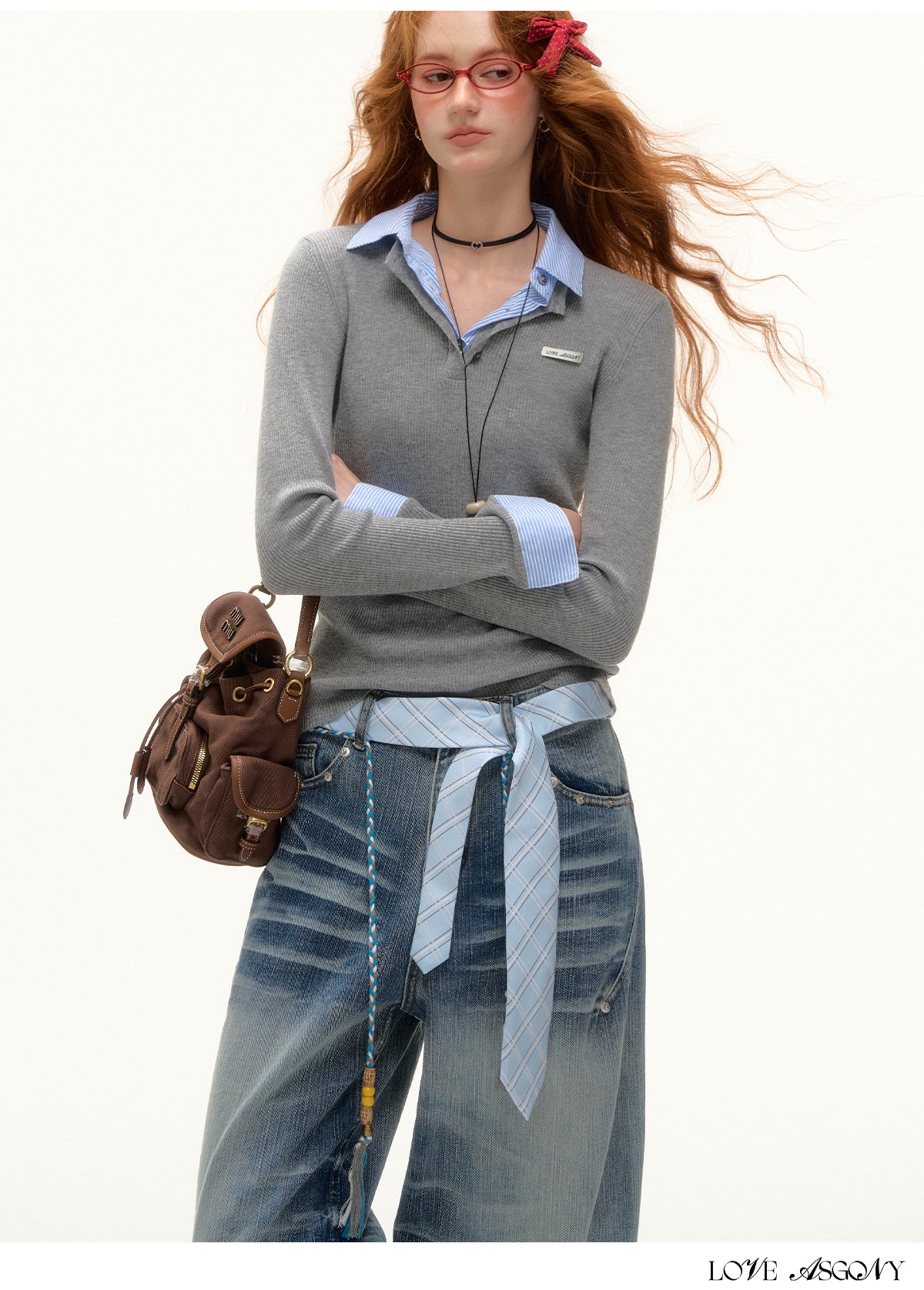 AsGony Striped Collar Fake Two-Layer Knit Top
