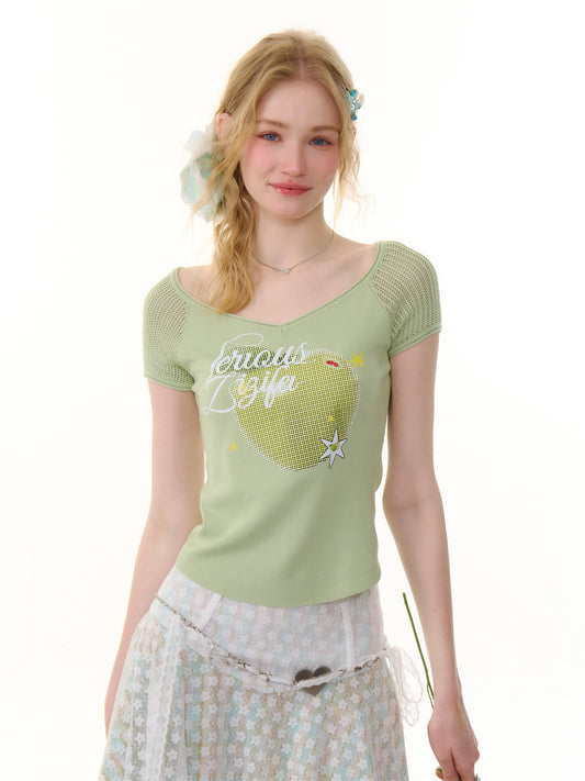 ziziFei Retro Apple Print V-Neck Tee