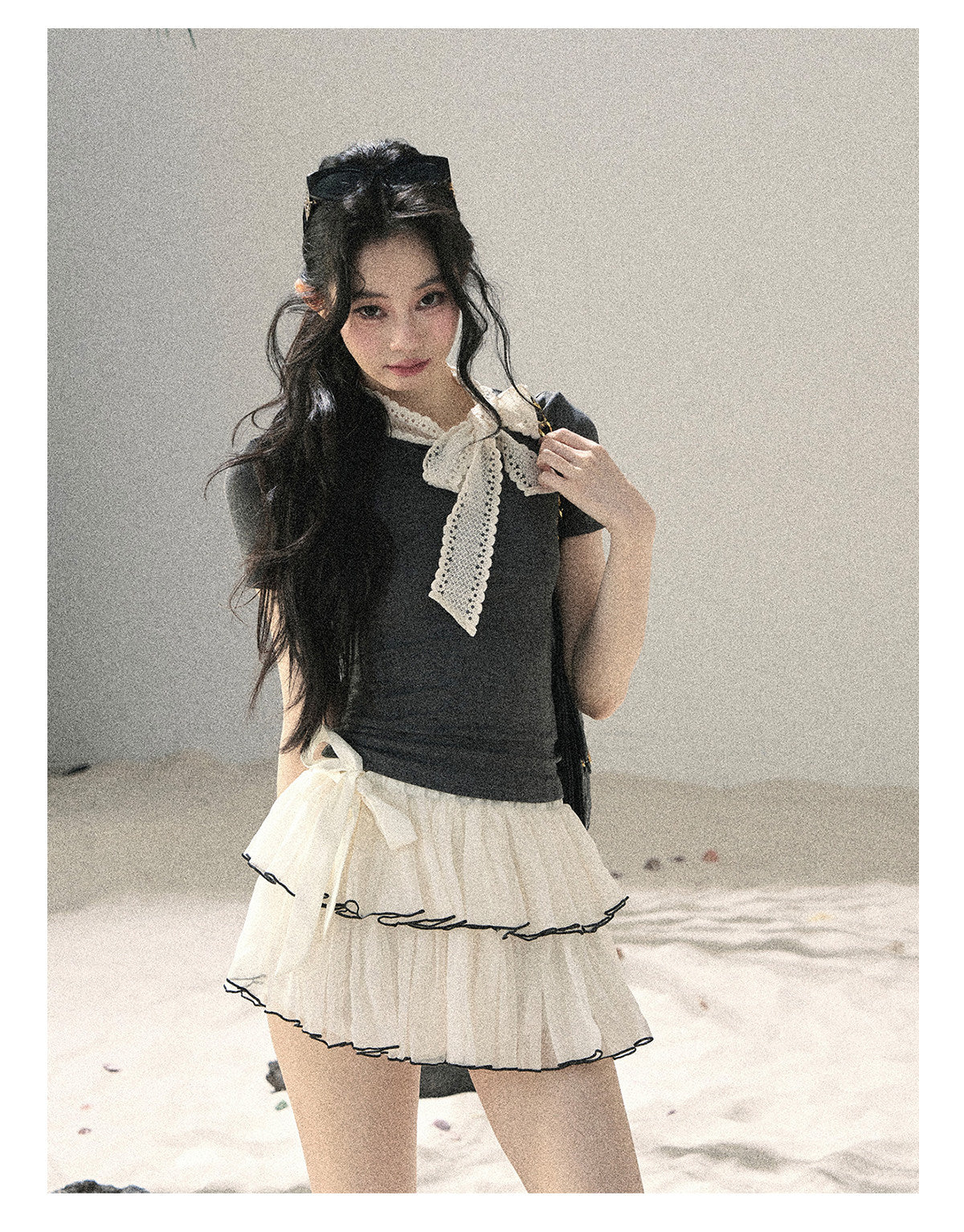 ShaoYeYan Aomalm Grey Shadow & White Fluff Korean Bow Crop Top