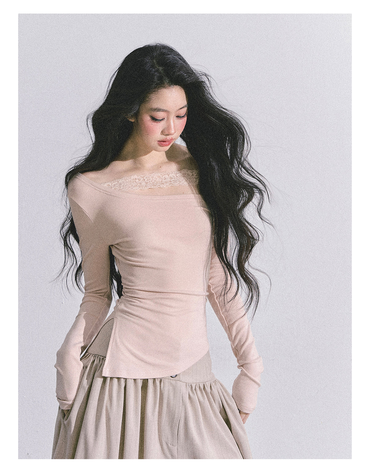 ShaoYeYan Tiny Waist Basic Long Sleeve Off-Shoulder Lace Top