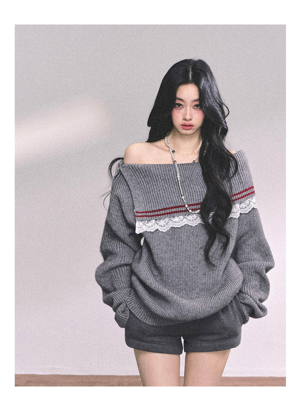 ShaoYeYan British Wit American Academia Lace Off-Shoulder Sweater