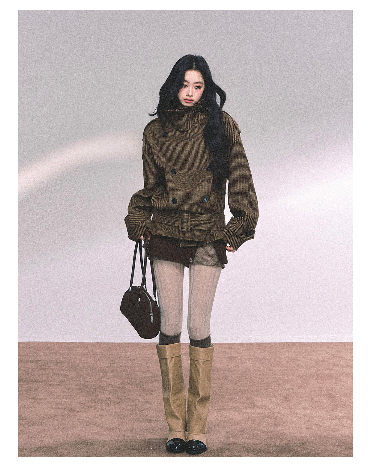 ShaoYeYan Sunset Harbor French British Style Plaid Trench Coat