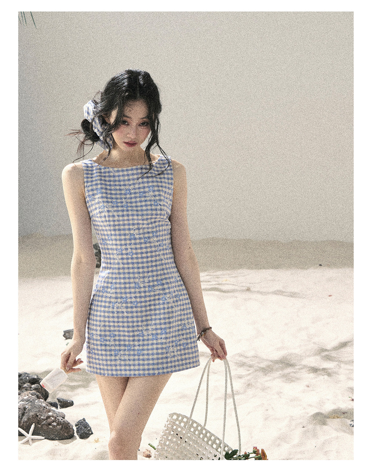 ShaoYeYan Aomalm Gentle Breeze Brushes the Waves French Vacation Embroidered Plaid Dress