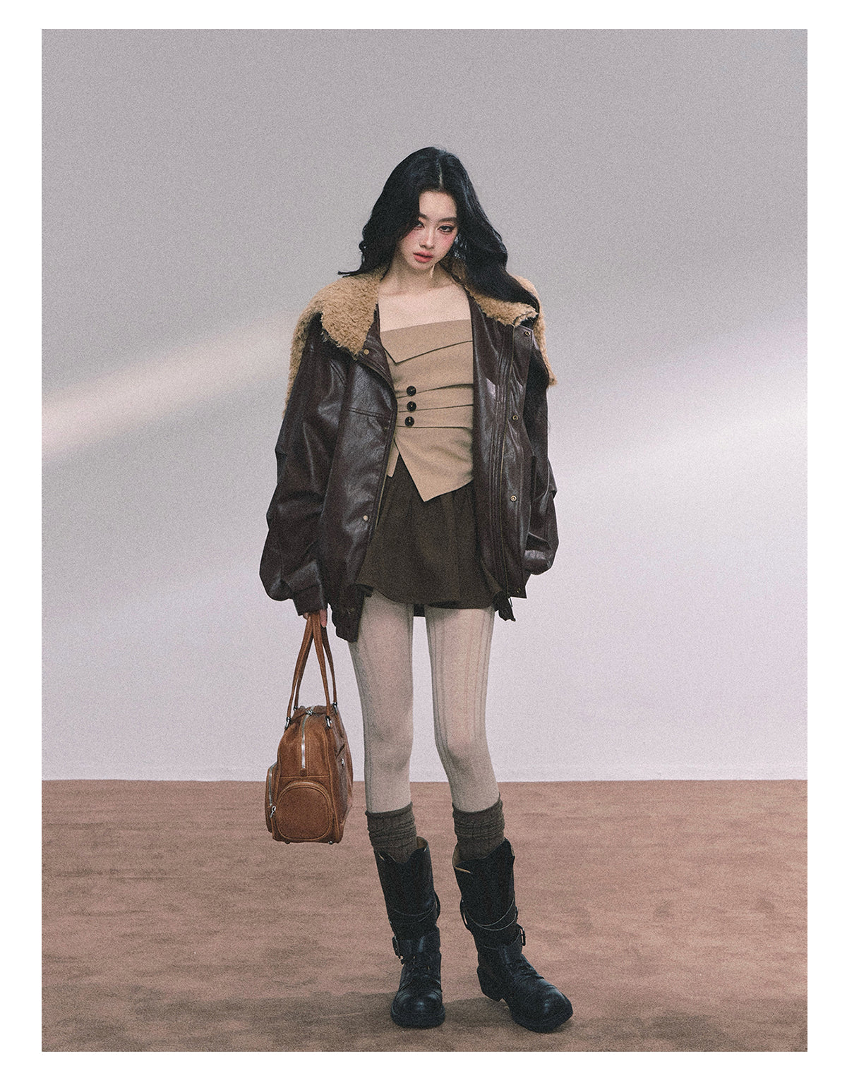 ShaoYeYan Loose Fit Lamb Fur Leather Jacket