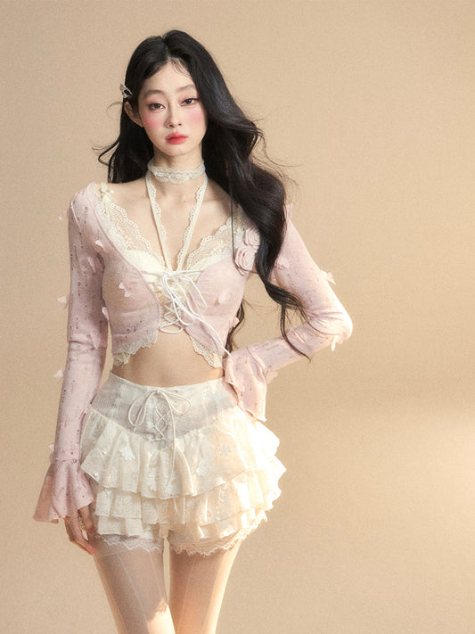 SHAOYEYAN Sweet Doll Lace Trim Halter Top