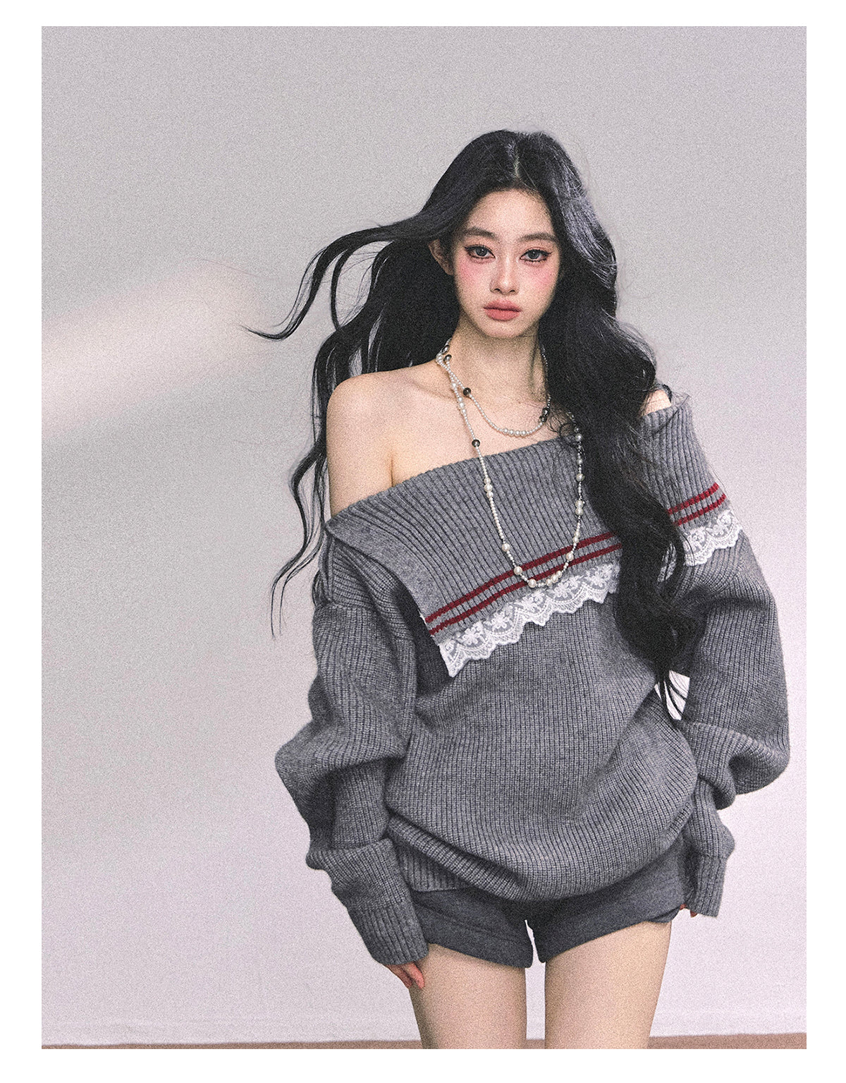 ShaoYeYan British Wit American Academia Lace Off-Shoulder Sweater