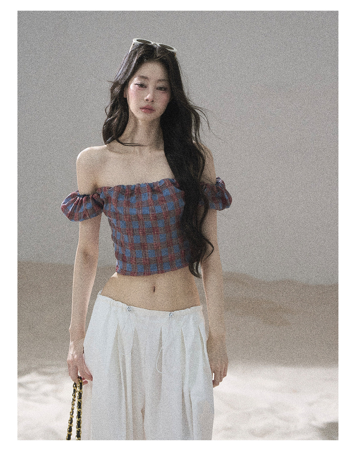 ShaoYeYan Aomalm Plaid Old Times Off-Shoulder Short Sleeve Top