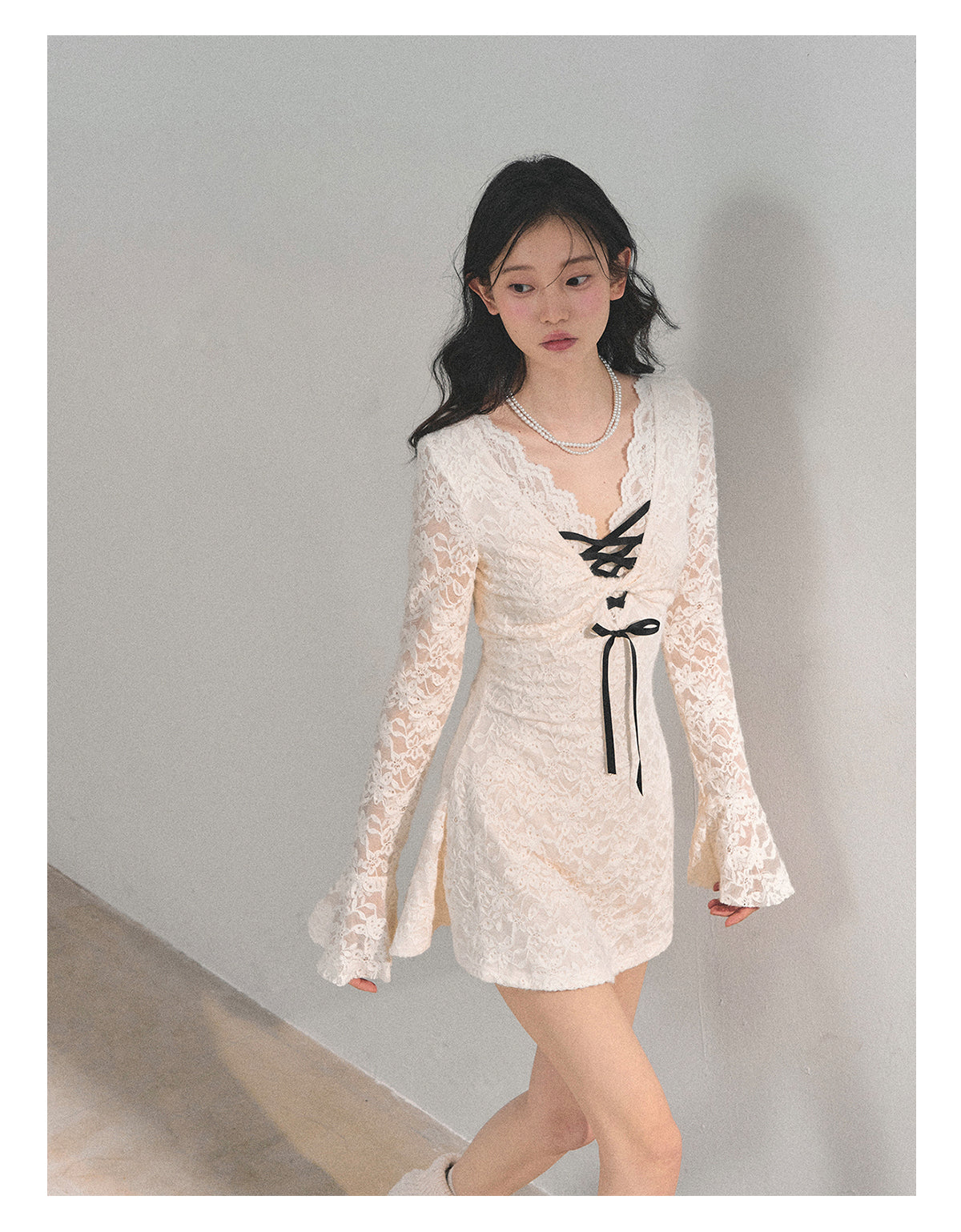 ShaoYeYan Aomalm Listening to Blank Long Sleeve Lace Dress