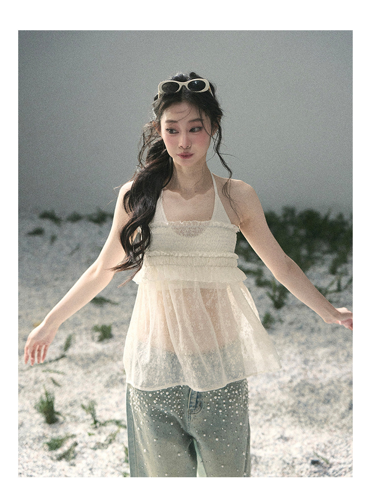 ShaoYeYan Aomalm Light Shatters Stained Glass French Sheer Halter Lace Top