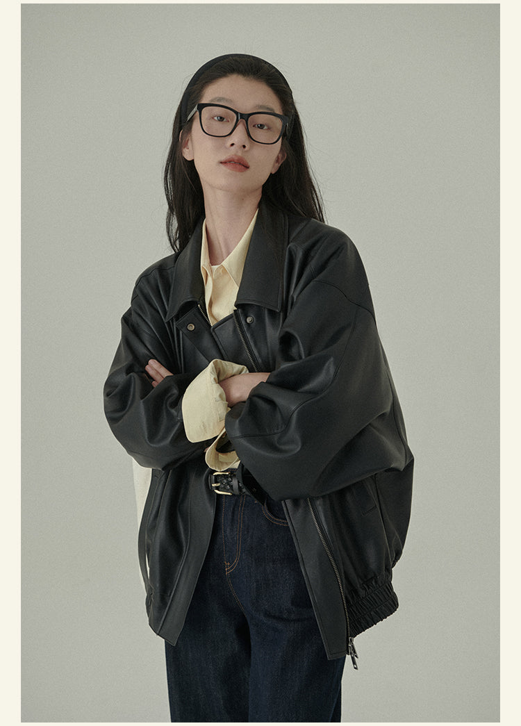 HAVERICE Classic Soft Leather Zip-Up Coat