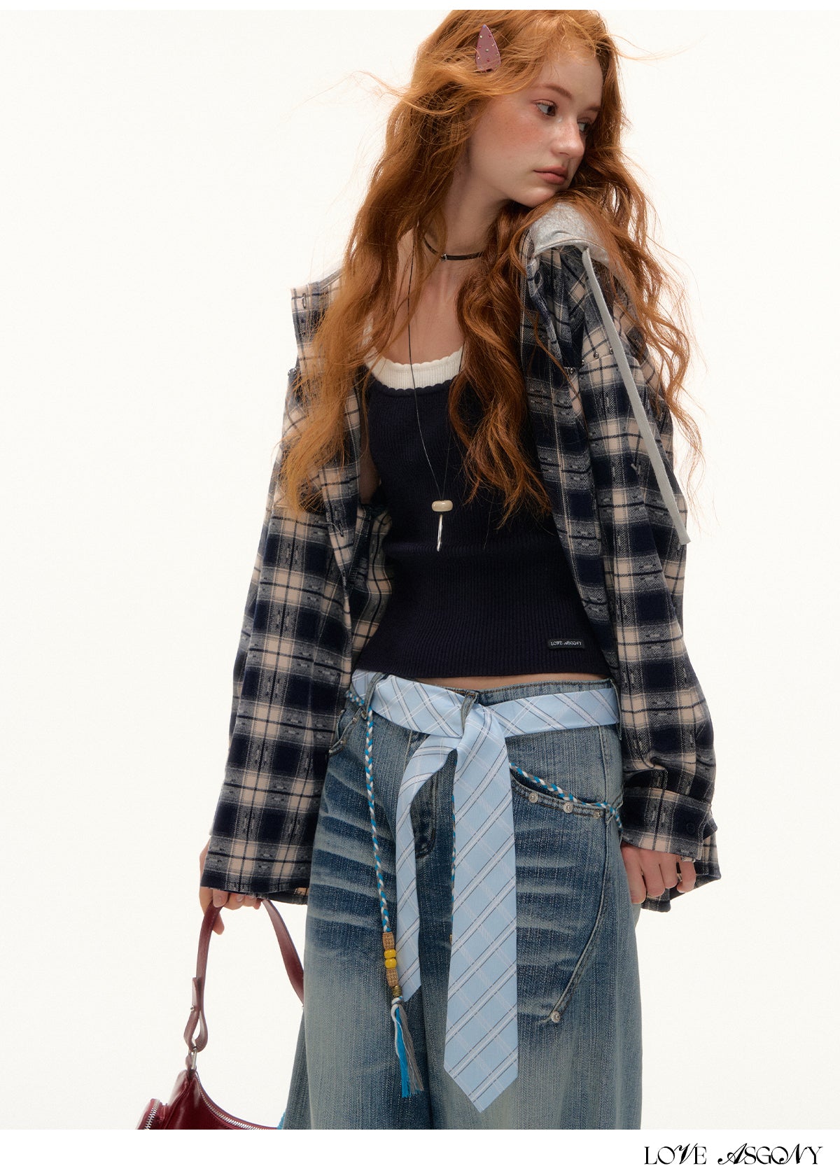 AsGony Retro Plaid Colorblock Hooded Shirt