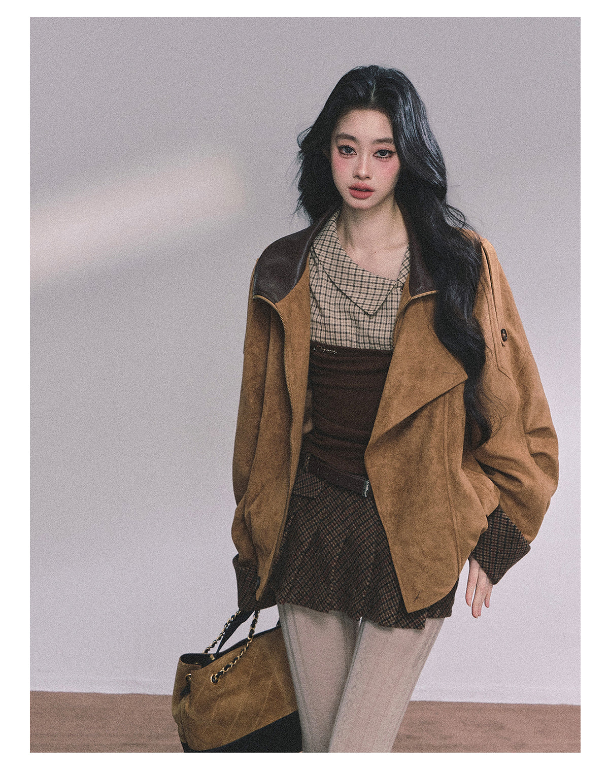 ShaoYeYan U.S. Study Abroad Outfit Fake Two-Layer Plaid Knit T-Shirt