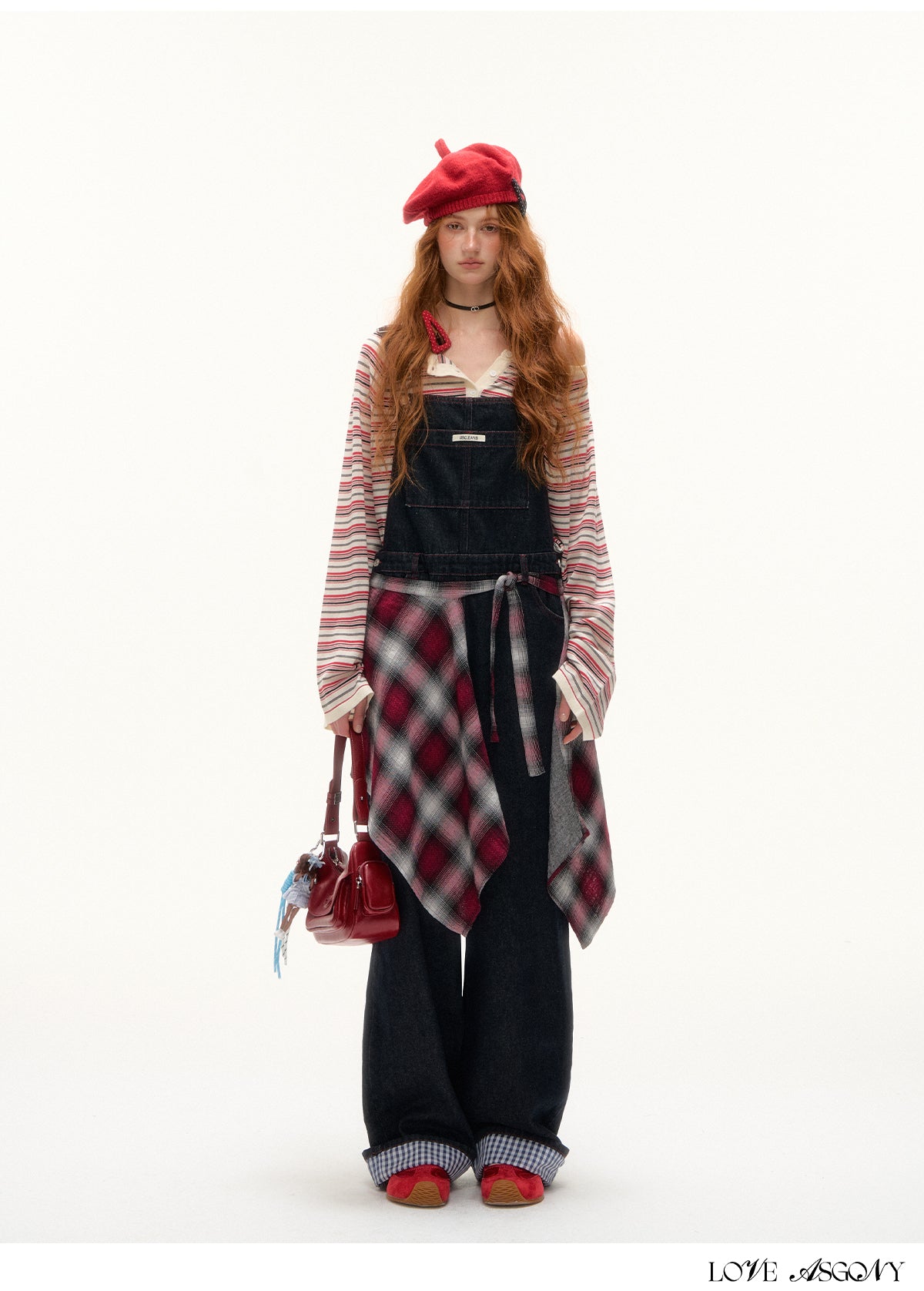 AsGony Red Stitch Raw Denim Wide-Leg Jumpsuit