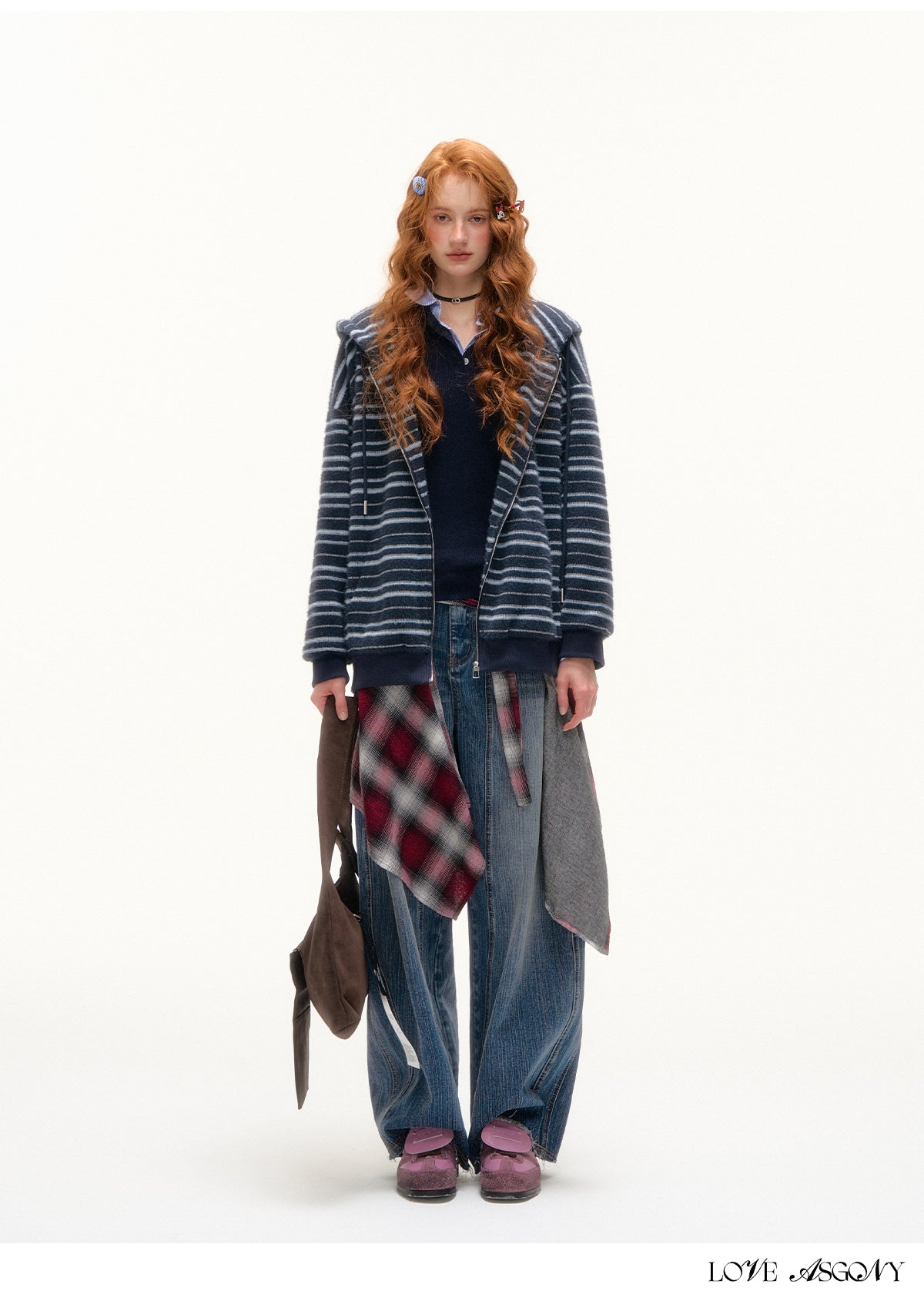 AsGony Plush Striped Colorblock Cat-Ear Hoodie