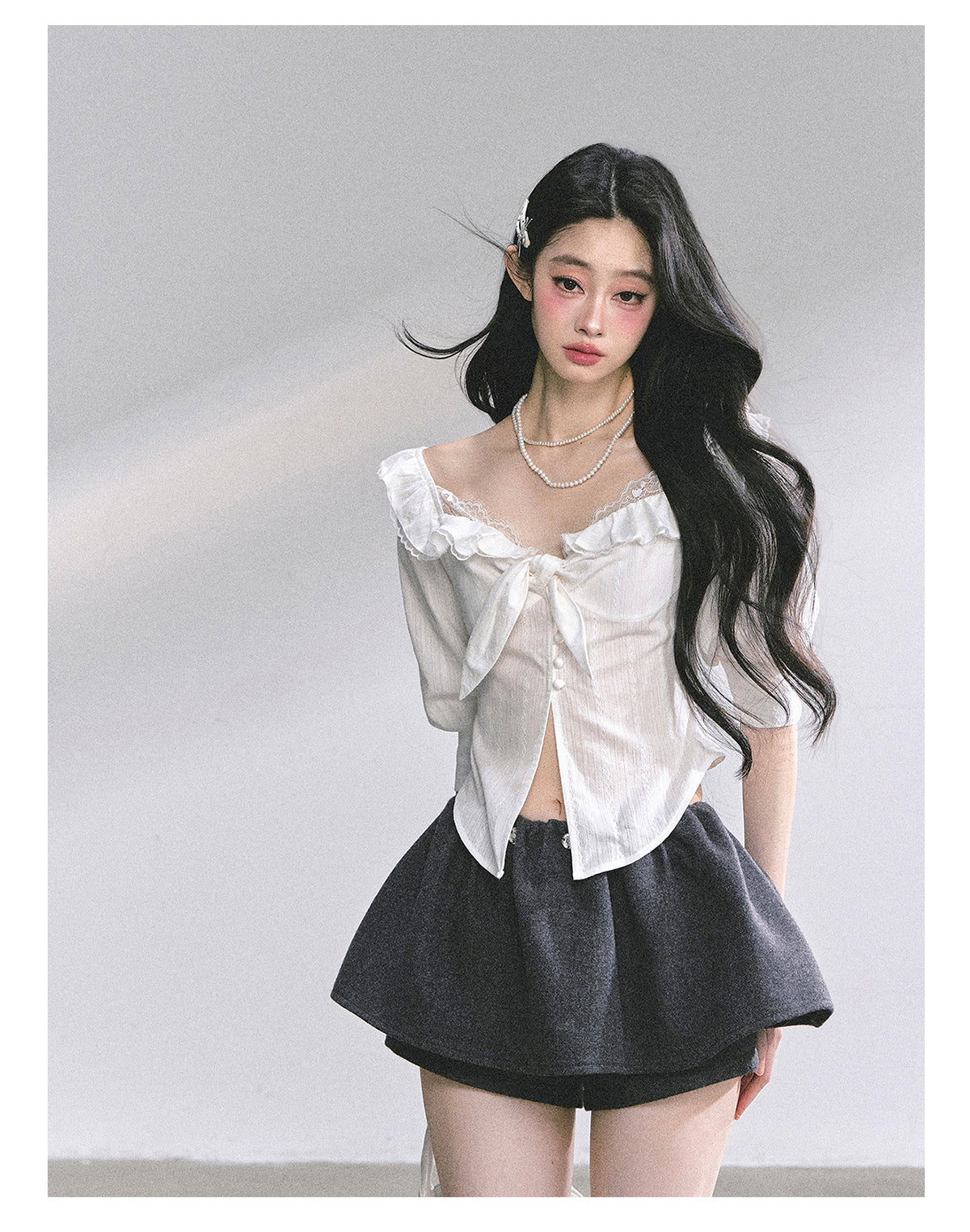 SHAOYEYAN French White Lace Waist-Defining Blouse