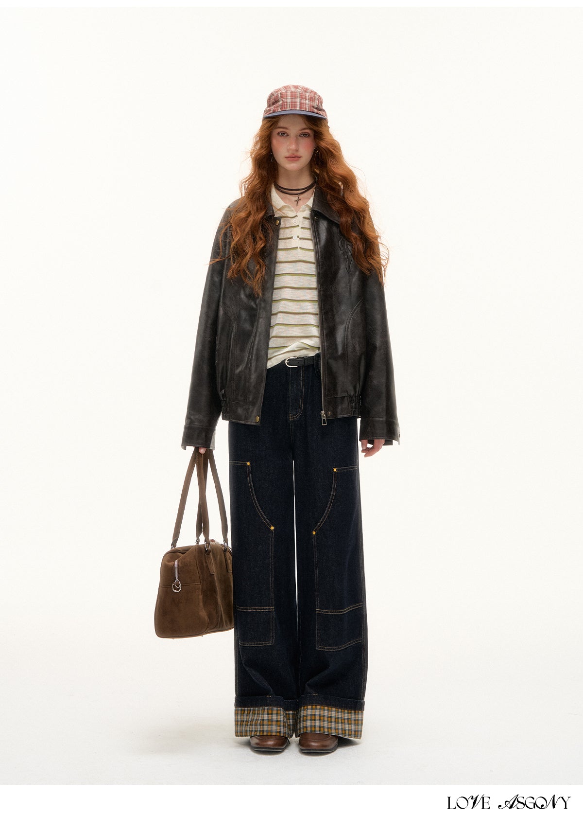 AsGony Retro Bow Collar Embossed Leather Jacket