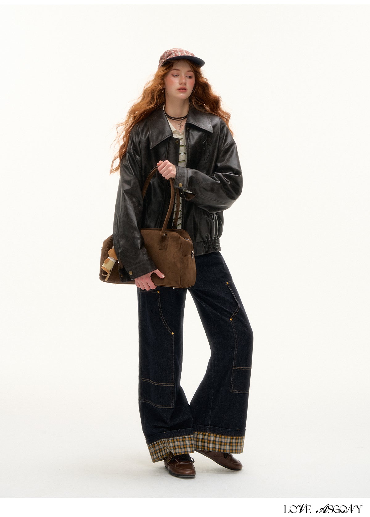 AsGony Retro Bow Collar Embossed Leather Jacket