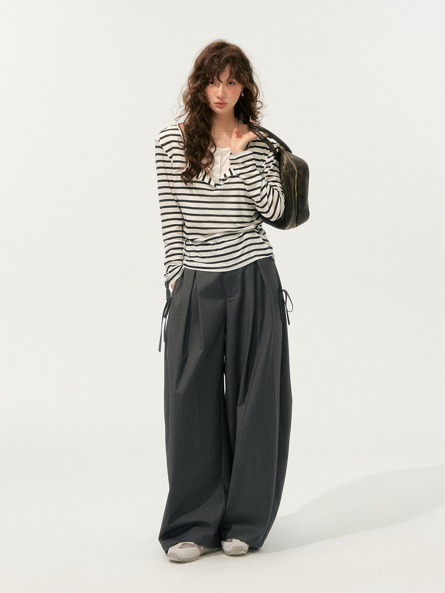 SOMESOWE Draped V-Neck Stripe Top