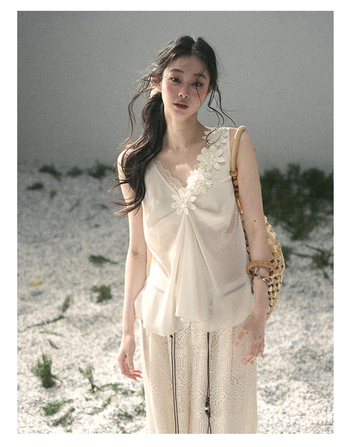 ShaoYeYan Aomalm Mute Rose French 3D Floral Sheer Lace Top