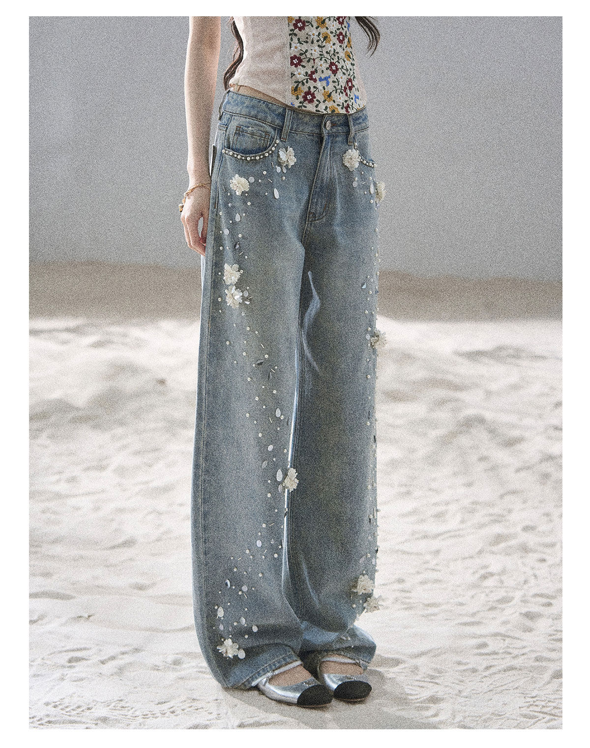 ShaoYeYan Aomalm Gentle Star Path Hand-Embellished Floral Jeans