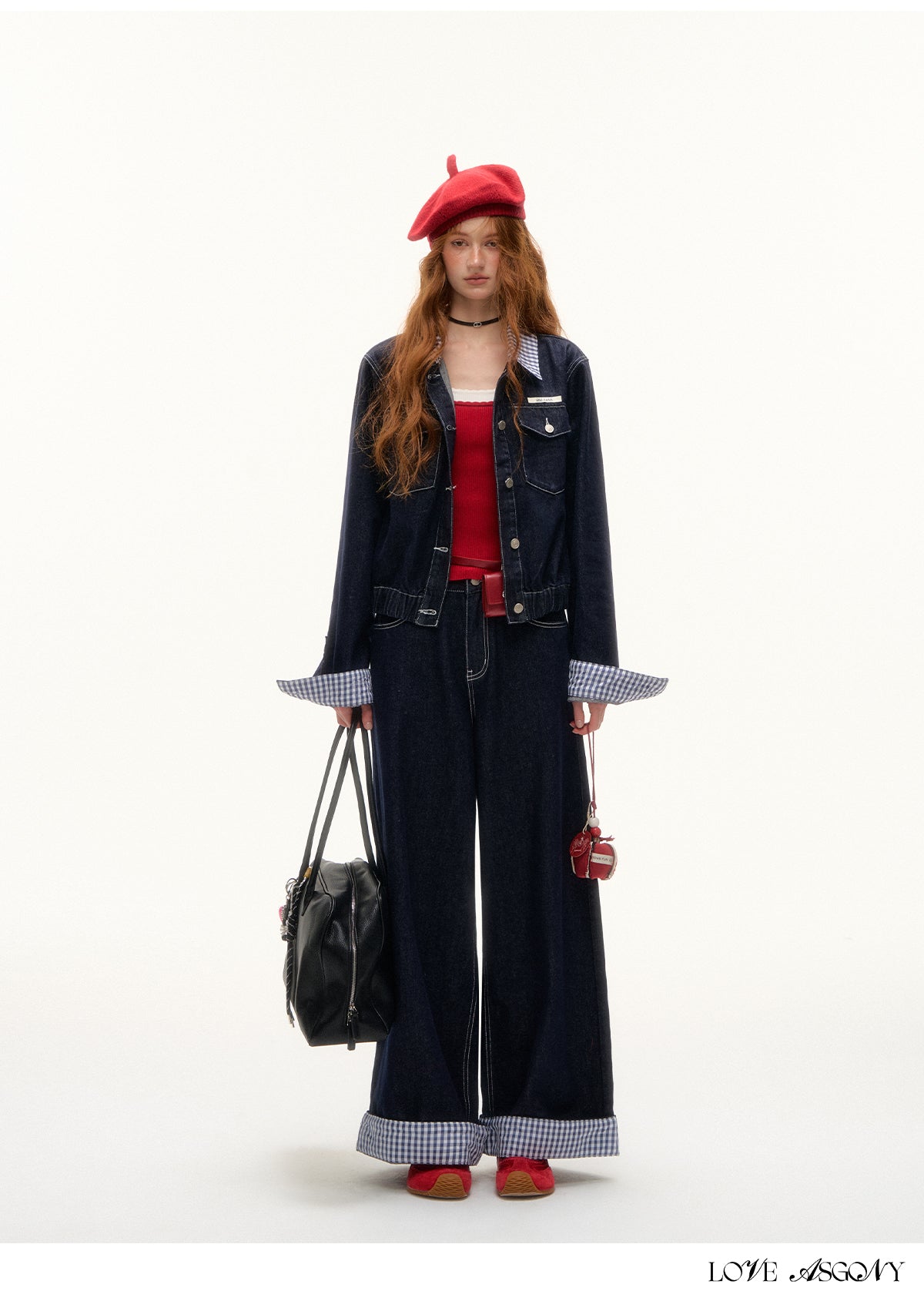 AsGony American Retro Hong Kong Style Plaid Denim Set