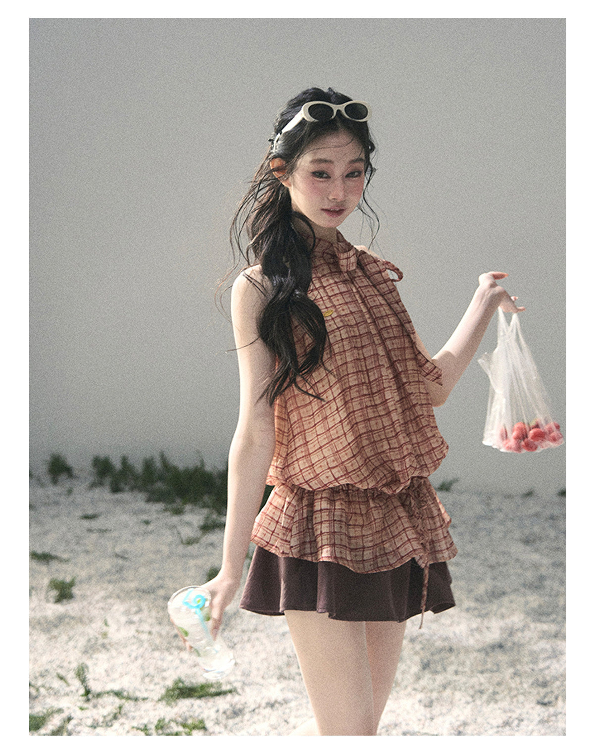ShaoYeYan Aomalm Maple Red Whisper French Plaid Halter Top