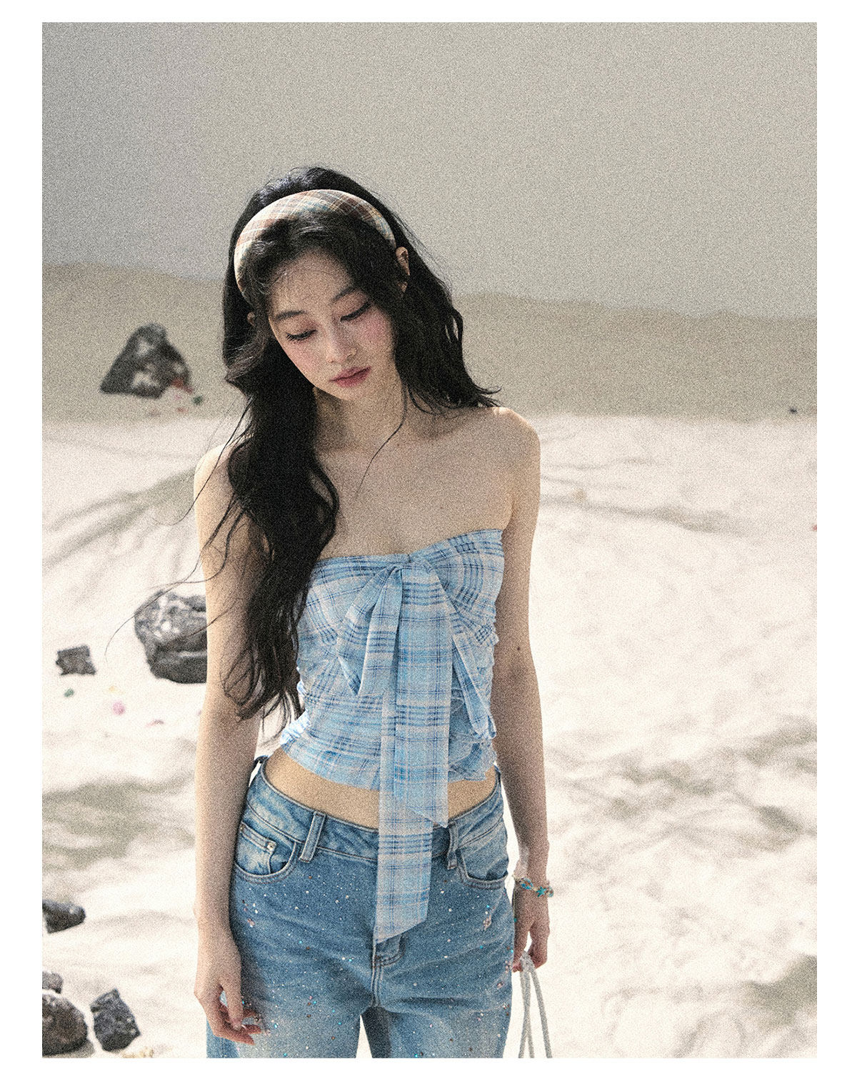 ShaoYeYan Aomalm Blue Danube Bow Plaid Bustier Top