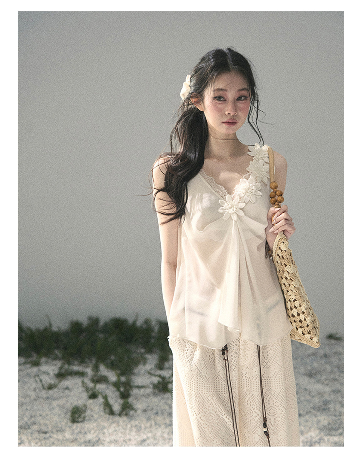 ShaoYeYan Aomalm Mute Rose French 3D Floral Sheer Lace Top