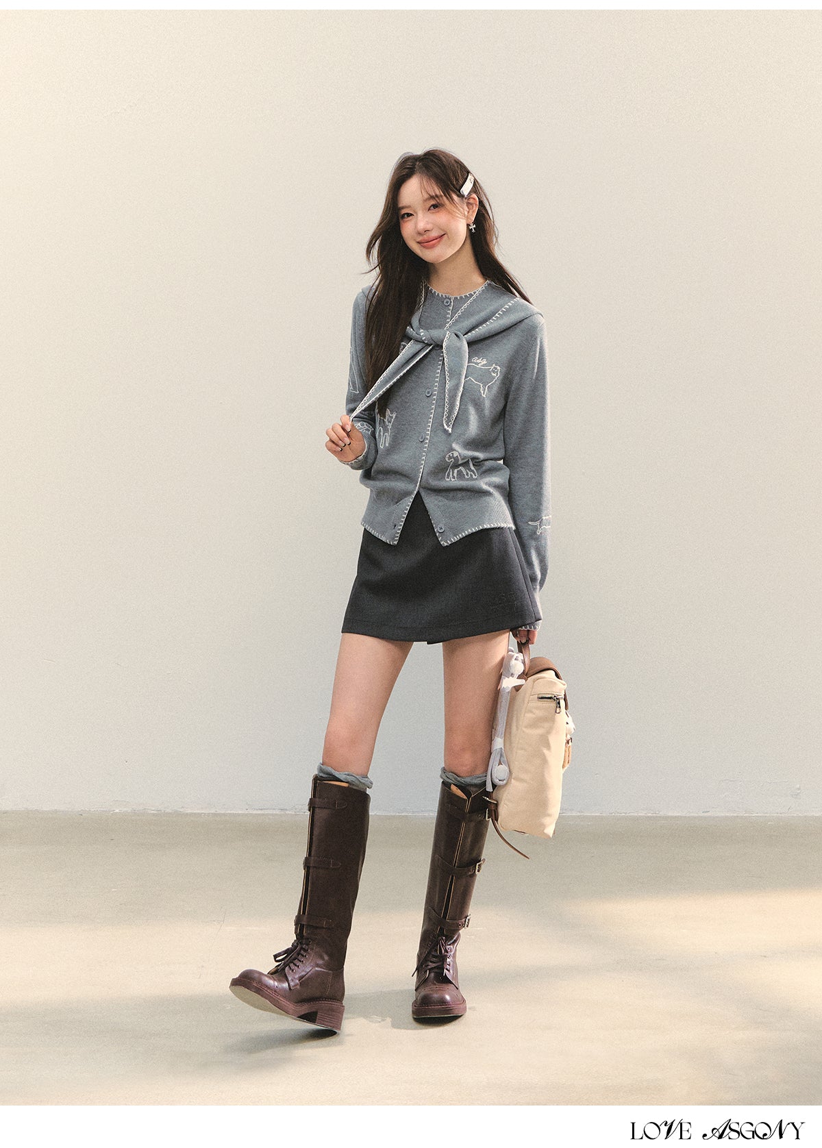 AsGony Puppy Embroidery Trim Hooded Knit Set
