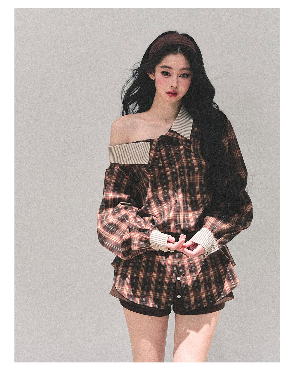 ShaoYeYan Streets She Passed Off-Shoulder Plaid Shirt