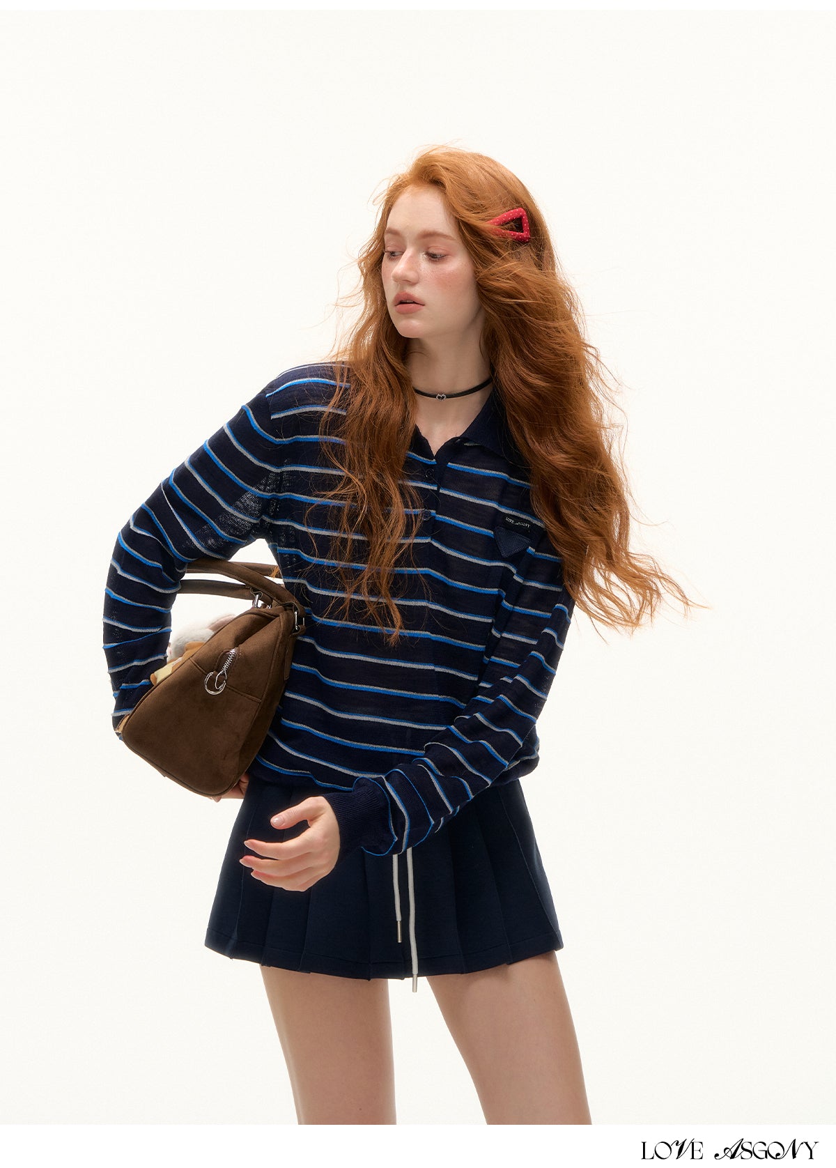 AsGony Striped Polo Collar Drawstring Hem Knit Top
