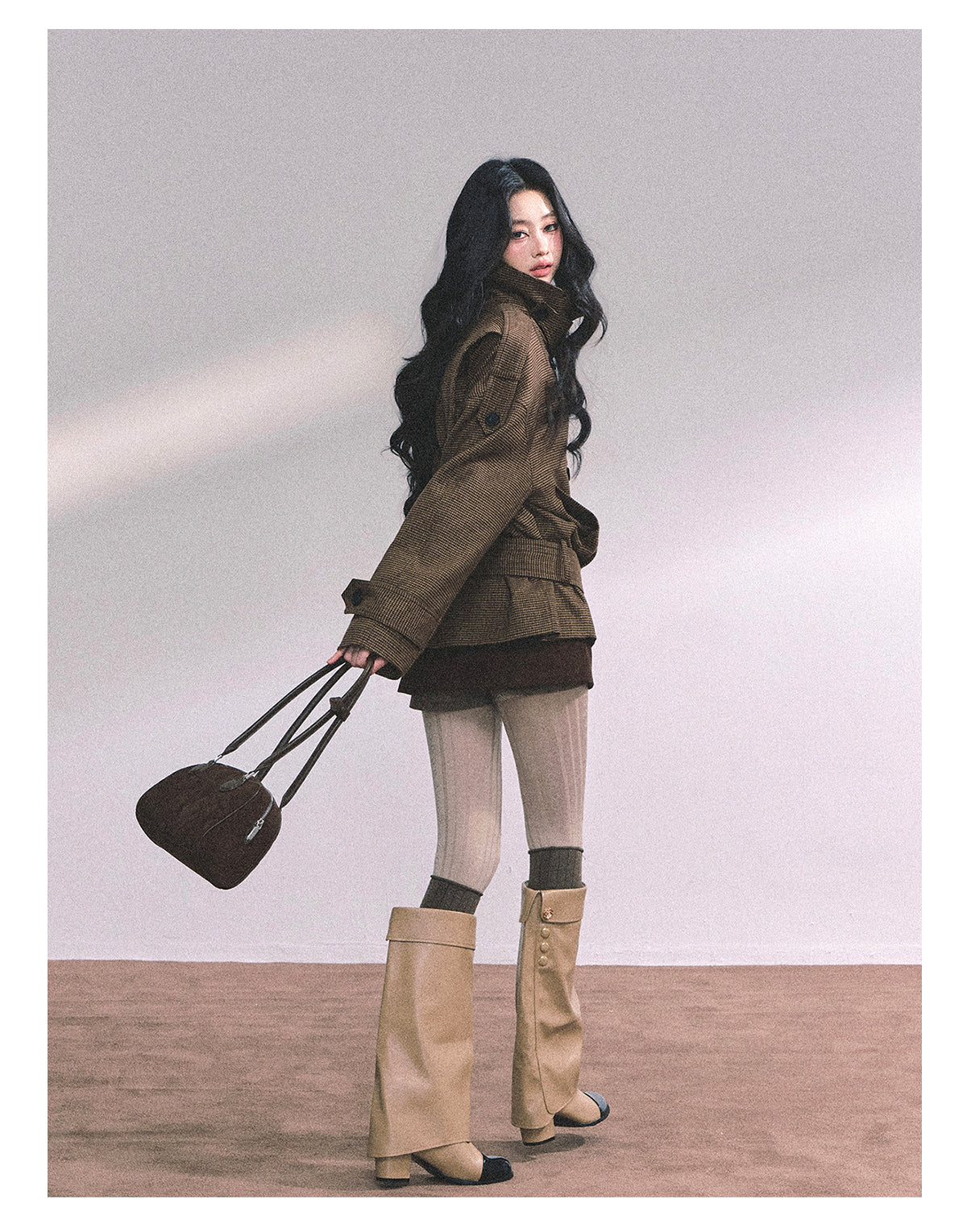 ShaoYeYan Sunset Harbor French British Style Plaid Trench Coat