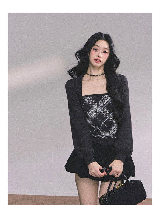 ShaoYeYan Eton Girls High American Plaid Knit Sweater Set
