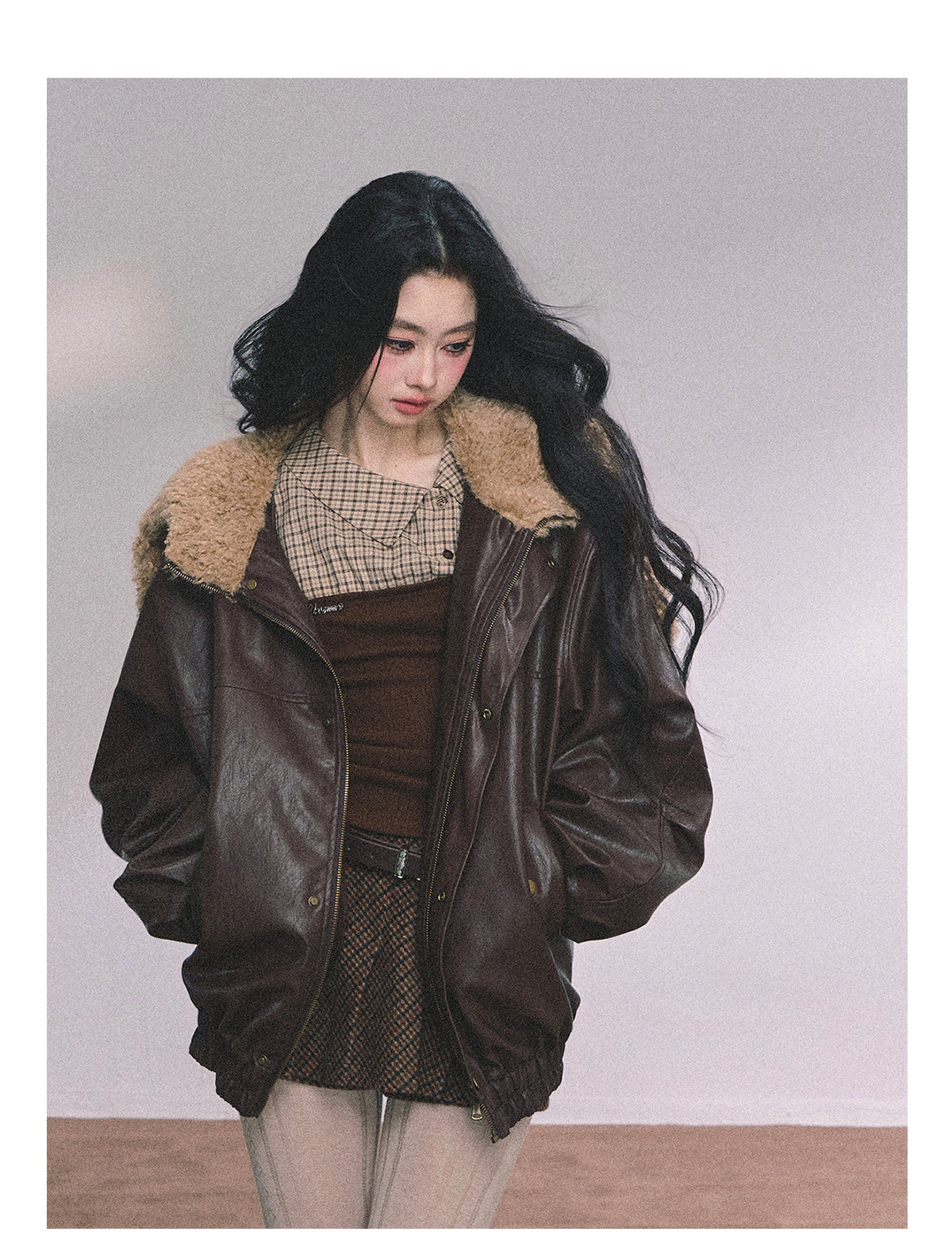 ShaoYeYan Loose Fit Lamb Fur Leather Jacket