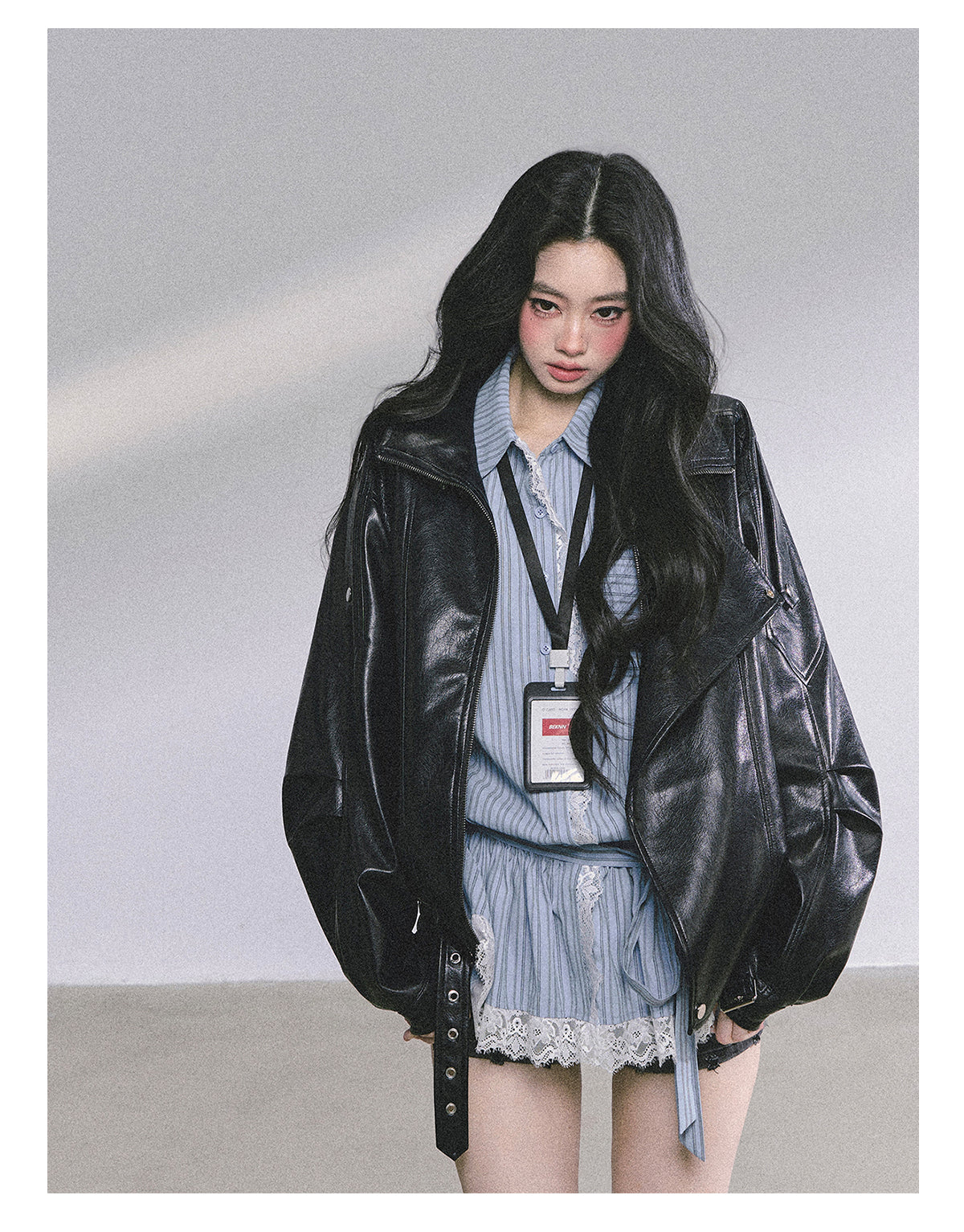 ShaoYeYan Mafia Princess Oversized Slim-Fit Black PU Leather Jacket