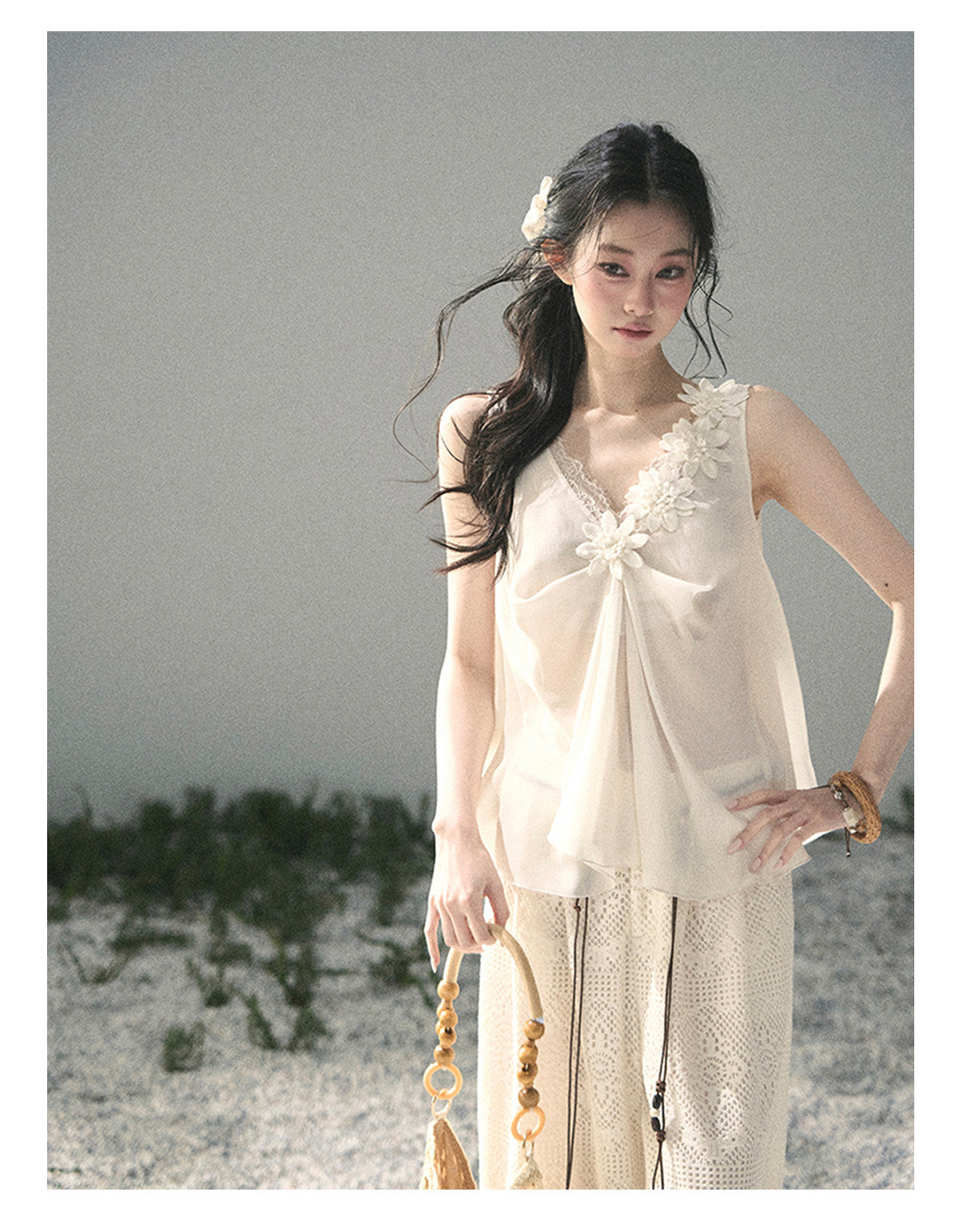 ShaoYeYan Aomalm Mute Rose French 3D Floral Sheer Lace Top