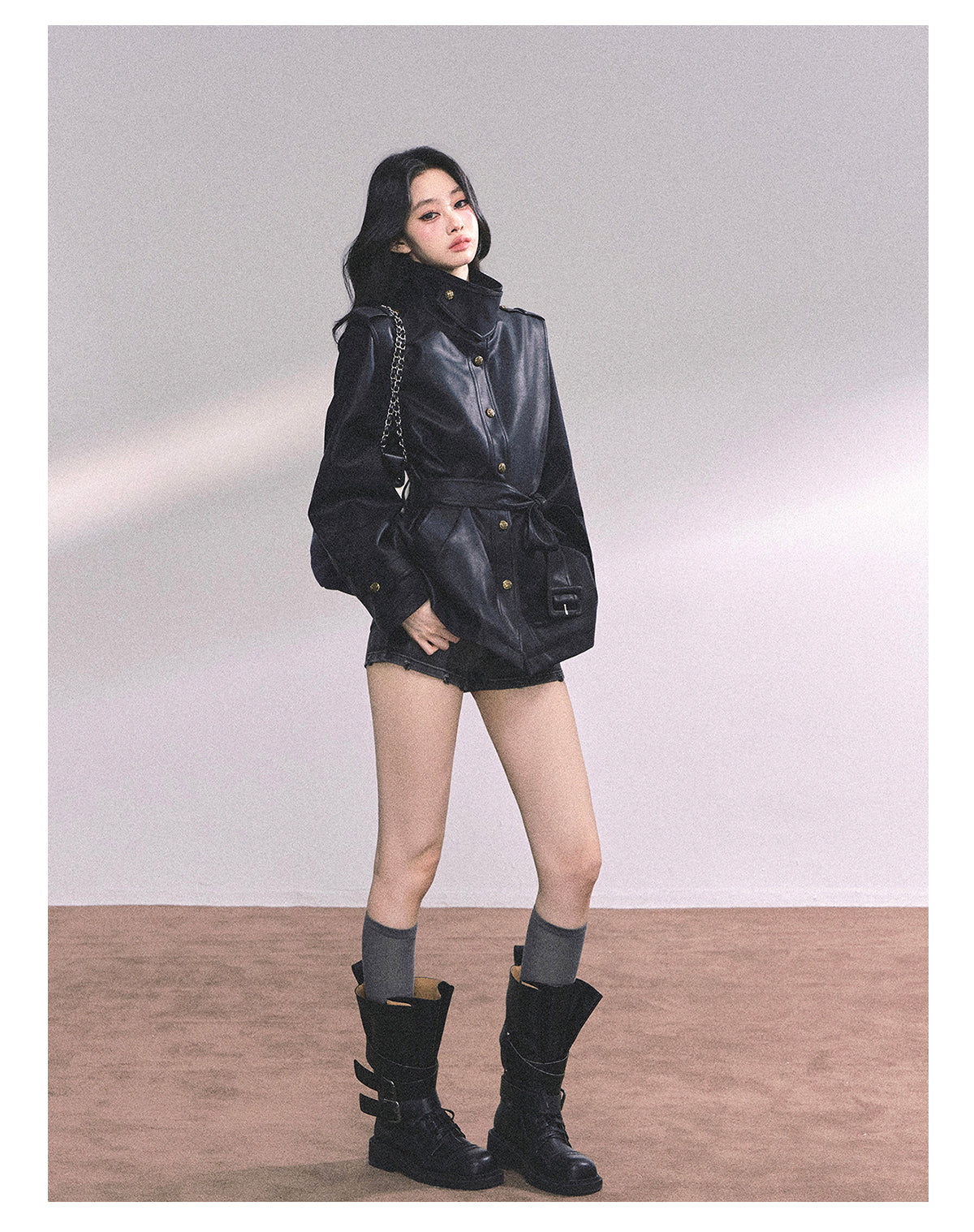 ShaoYeYan UK Time Zone Loose Fit Biker PU Leather Jacket