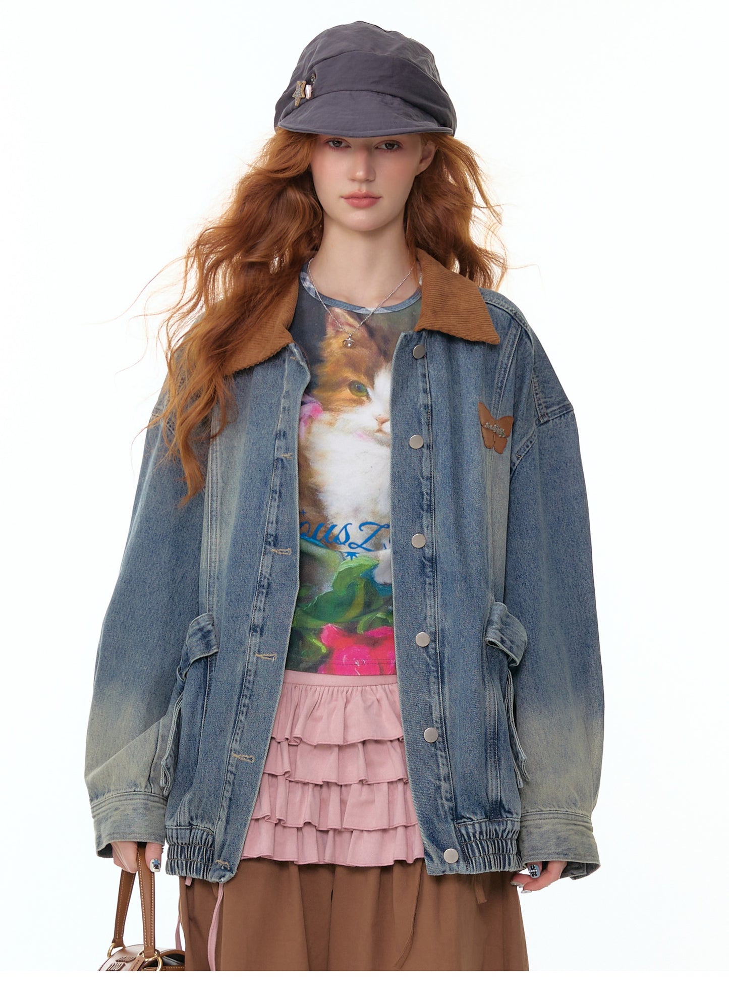 ZiziFei Corduroy-Collar Denim Jacket