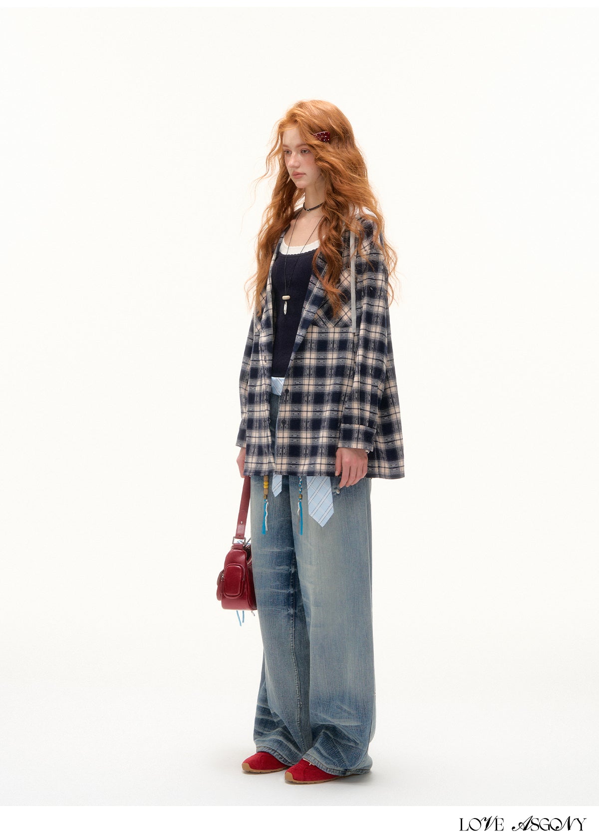 AsGony Retro Plaid Colorblock Hooded Shirt